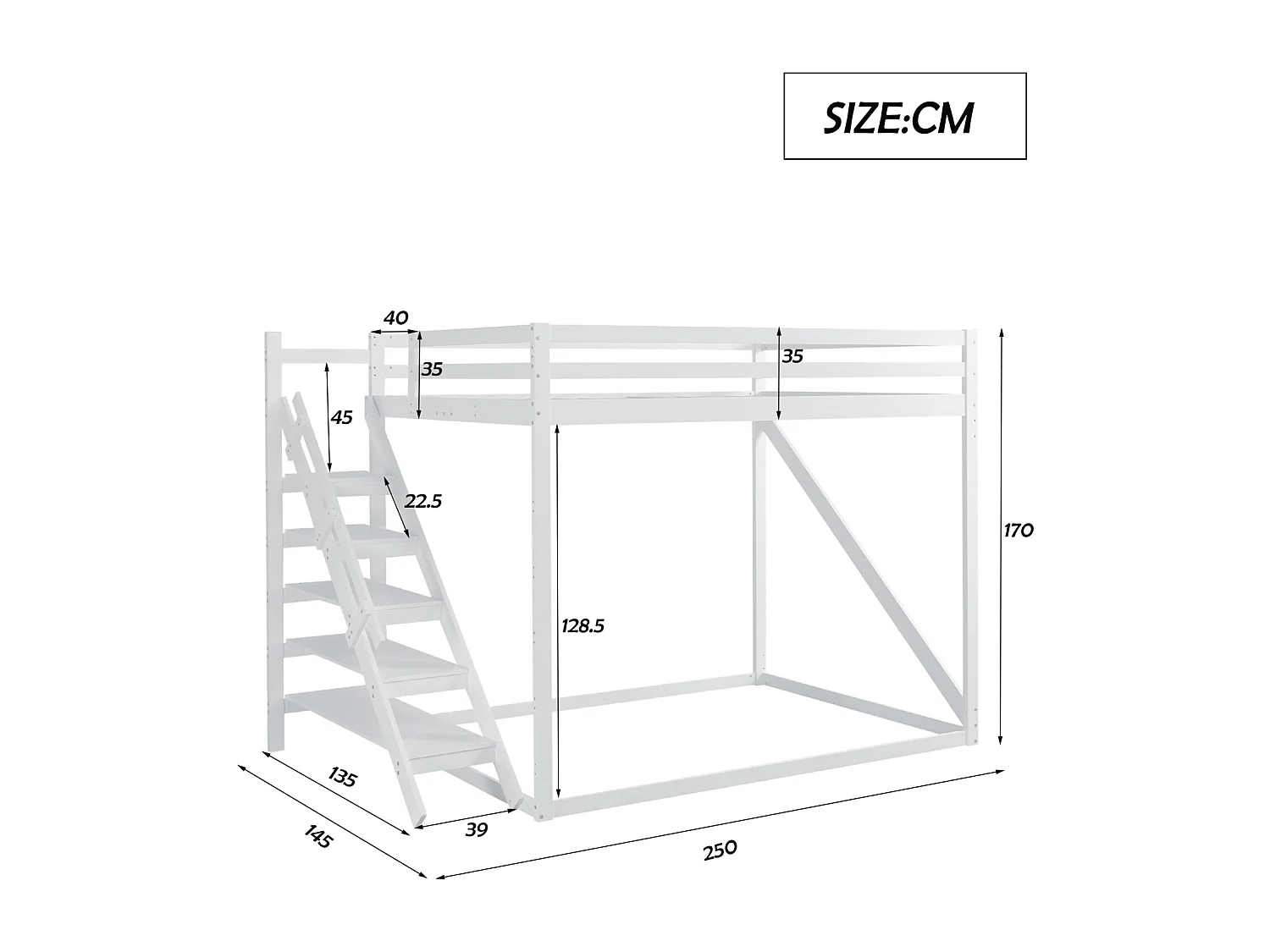 Lit mezzanine 140x200cm pour enfant, Lit surélevé vec échelle de sécurité, sommier à lattes, en bois massif, blanc