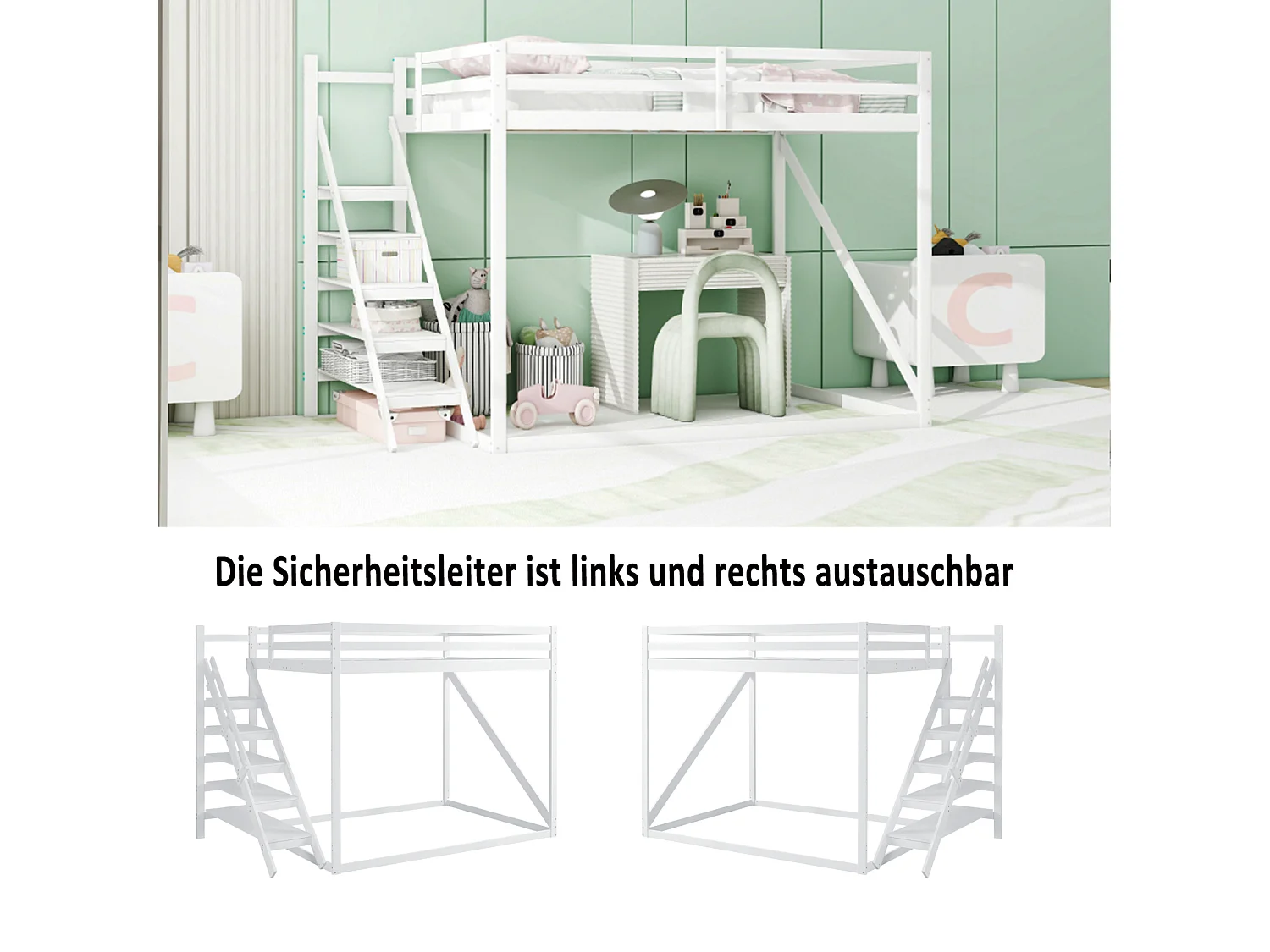 Lit mezzanine 140x200cm pour enfant, Lit surélevé vec échelle de sécurité, sommier à lattes, en bois massif, blanc