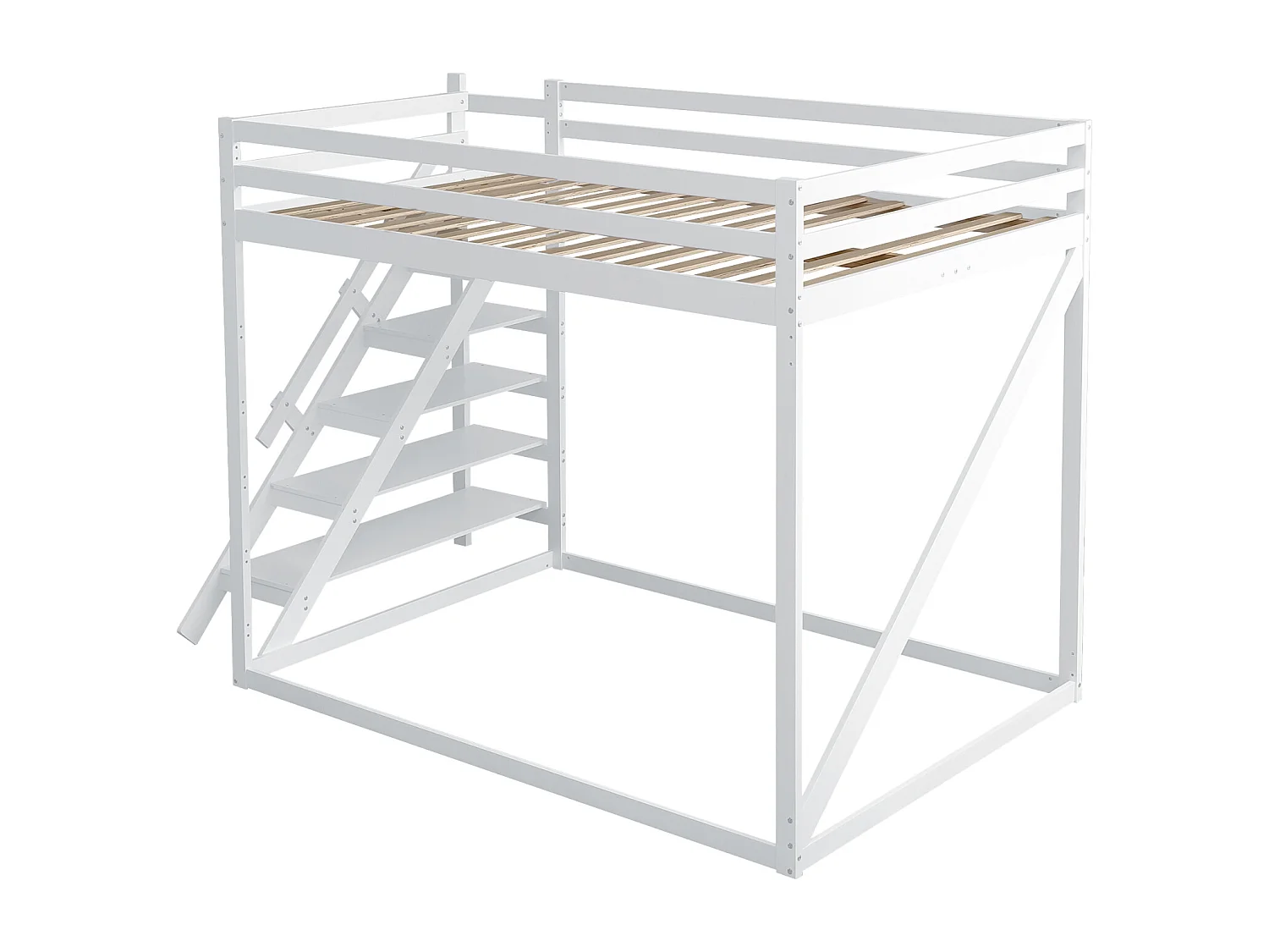 Hochbett 140x200cm für Kinder, Hochbett mit Sicherheitsleiter, Lattenrost, Massivholz, weiß