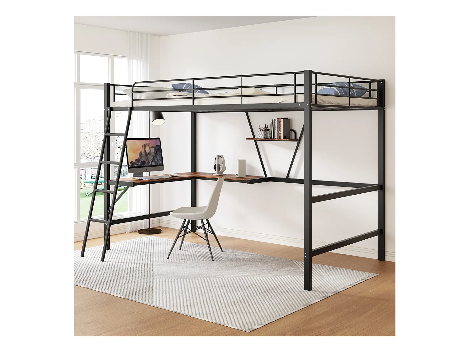 Lit mezzanine 90x200cm, cadre en métal, lit surélevé avec échelle, bureau en forme de L et 1 étagère pour enfants, adolescents, noir