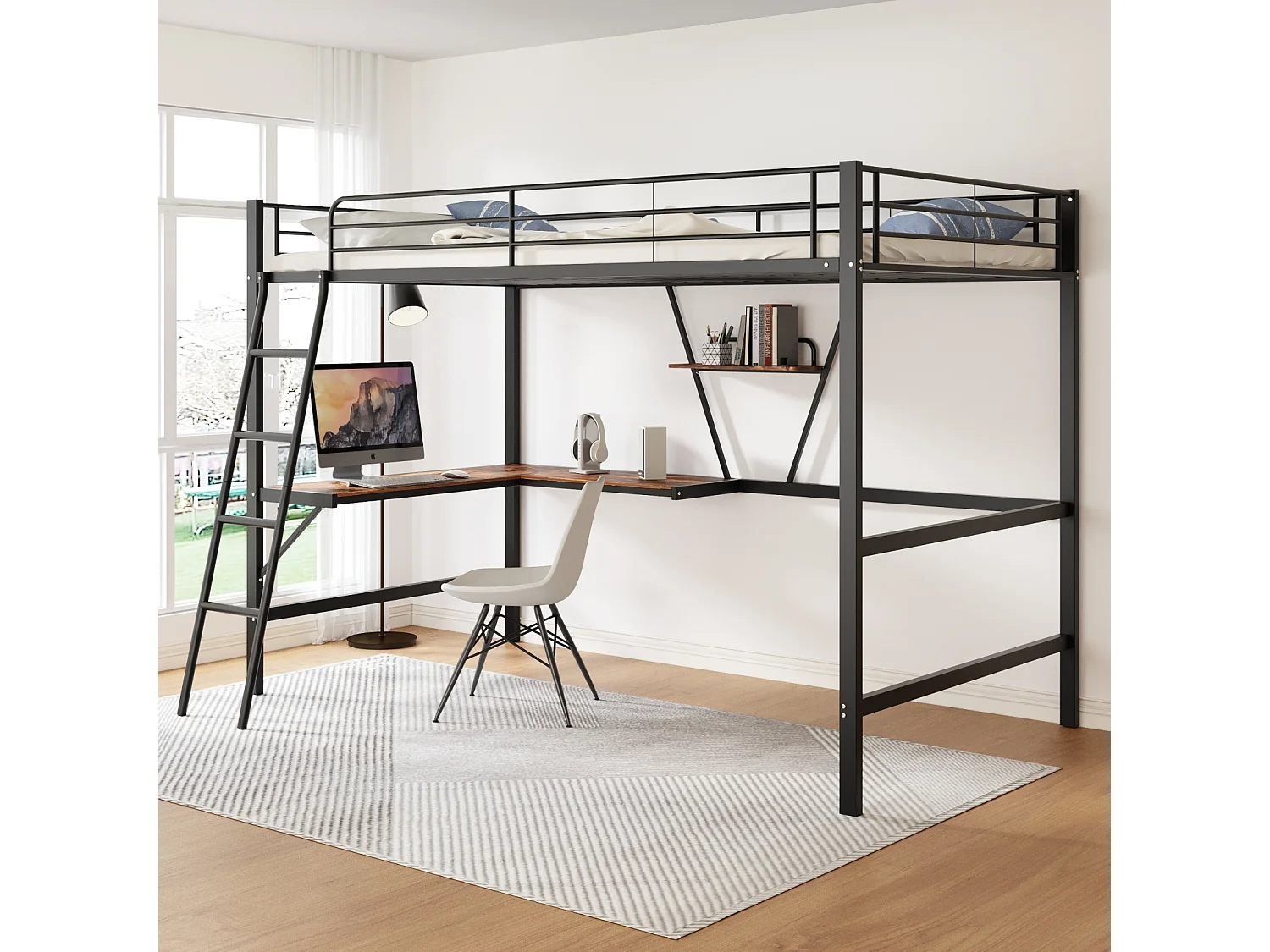 Letto a soppalco 90x200cm, struttura in metallo, letto rialzato con scala, scrivania a L e 1 ripiano per bambini, adolescenti, nero