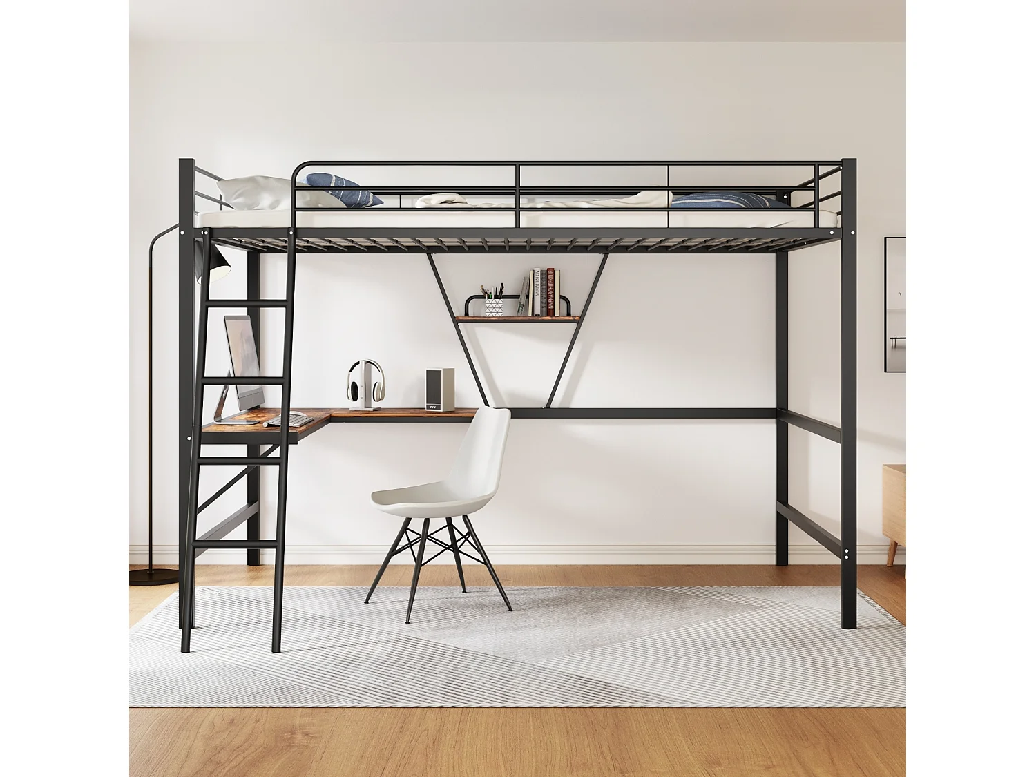 Letto a soppalco 90x200cm, struttura in metallo, letto rialzato con scala, scrivania a L e 1 ripiano per bambini, adolescenti, nero
