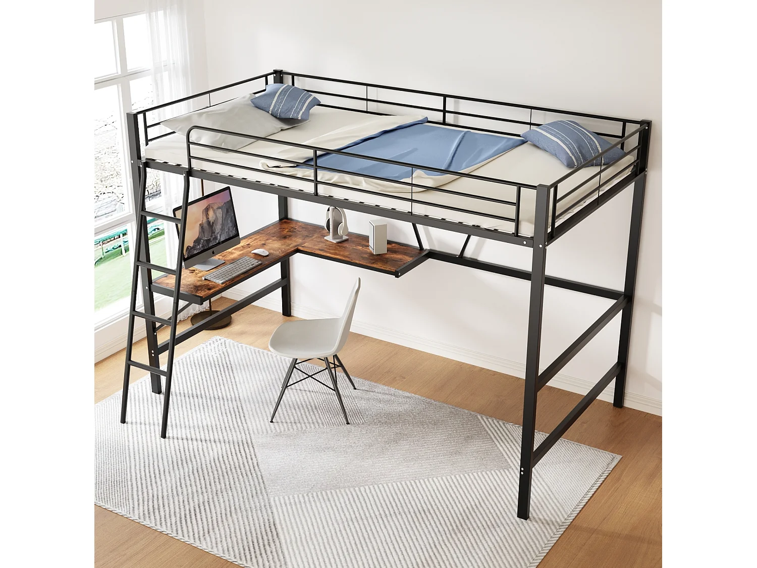 Letto a soppalco 90x200cm, struttura in metallo, letto rialzato con scala, scrivania a L e 1 ripiano per bambini, adolescenti, nero