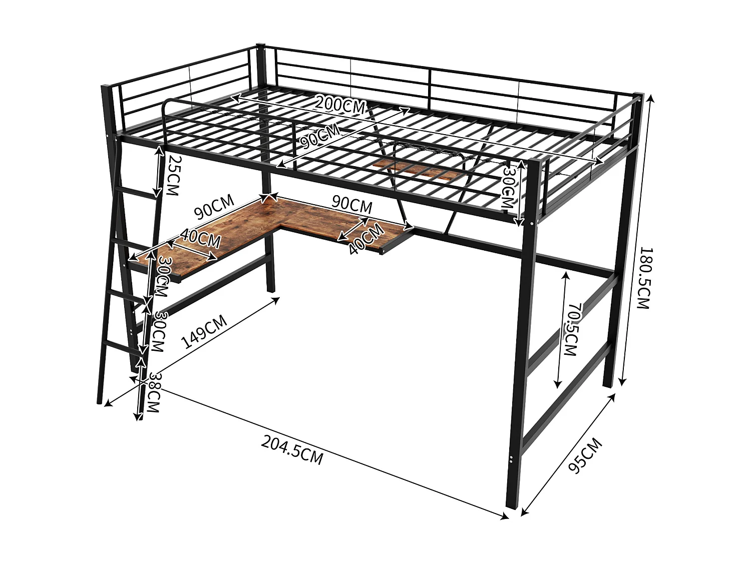 Letto a soppalco 90x200cm, struttura in metallo, letto rialzato con scala, scrivania a L e 1 ripiano per bambini, adolescenti, nero