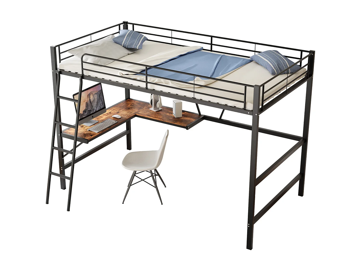 Letto a soppalco 90x200cm, struttura in metallo, letto rialzato con scala, scrivania a L e 1 ripiano per bambini, adolescenti, nero