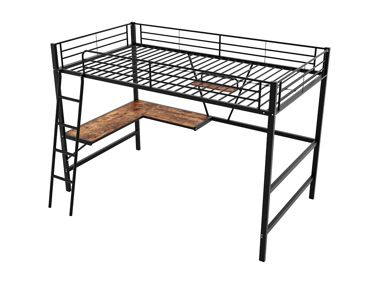 Letto a soppalco 90x200cm, struttura in metallo, letto rialzato con scala, scrivania a L e 1 ripiano per bambini, adolescenti, nero