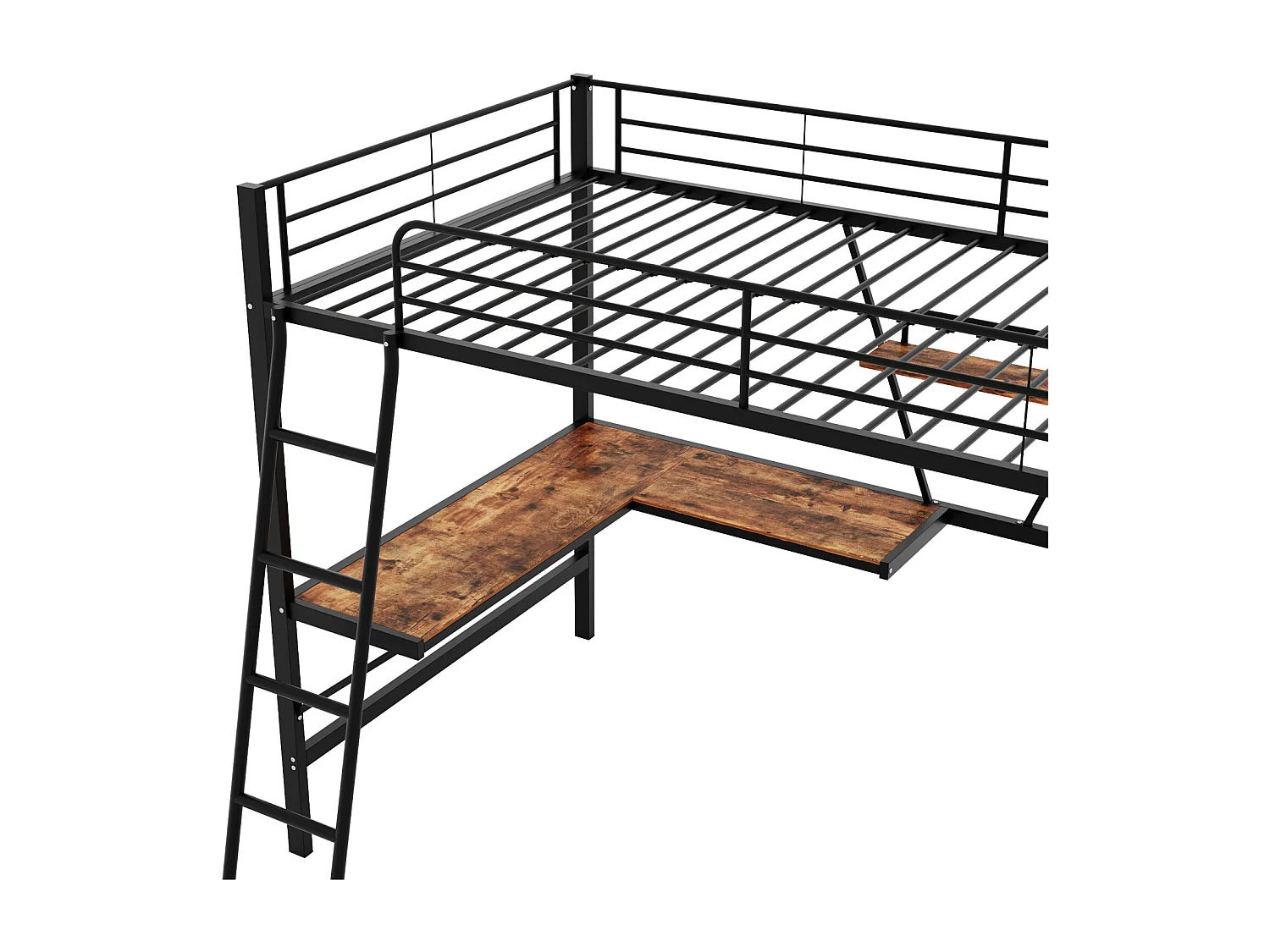 Letto a soppalco 90x200cm, struttura in metallo, letto rialzato con scala, scrivania a L e 1 ripiano per bambini, adolescenti, nero