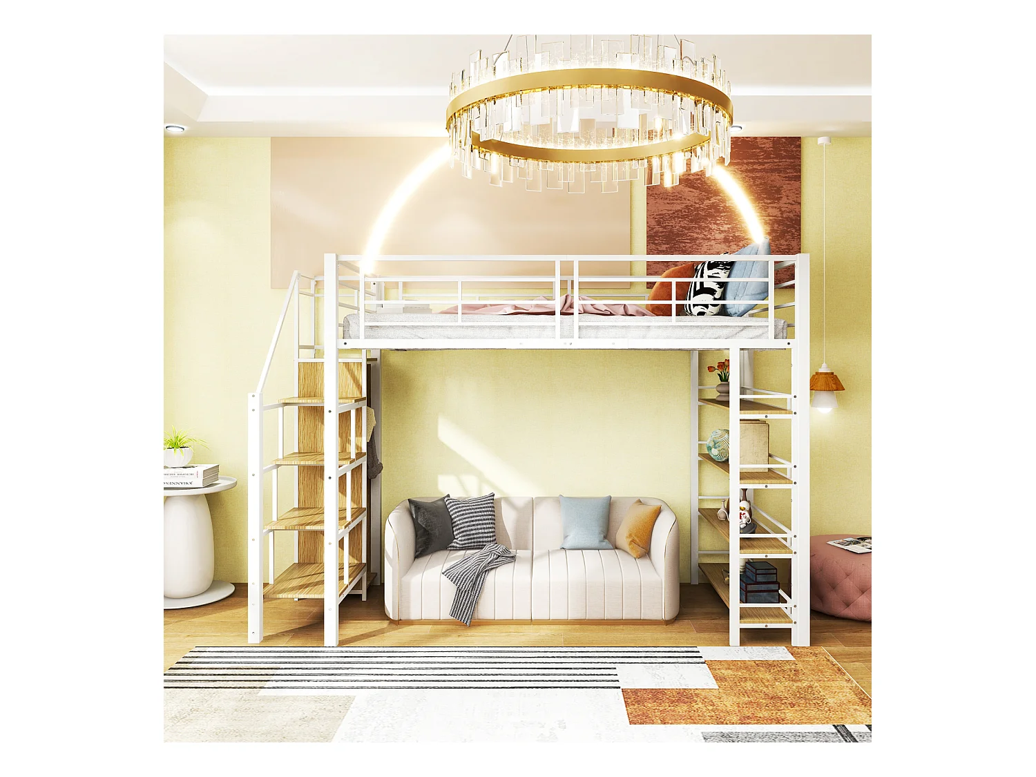 Lit mezzanine 90x200cm, lit enfant avec échelles et étagères de rangement et petite penderie, design haute clôture, blanc