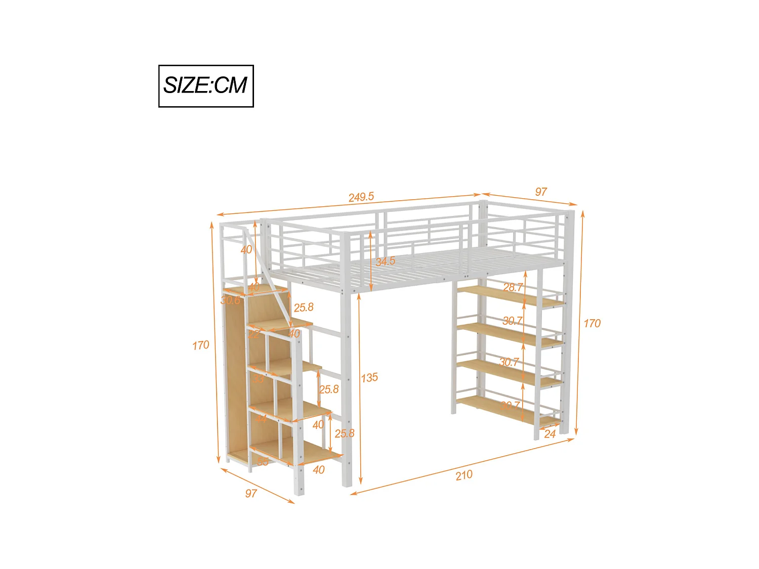 Lit mezzanine 90x200cm, lit enfant avec échelles et étagères de rangement et petite penderie, design haute clôture, blanc