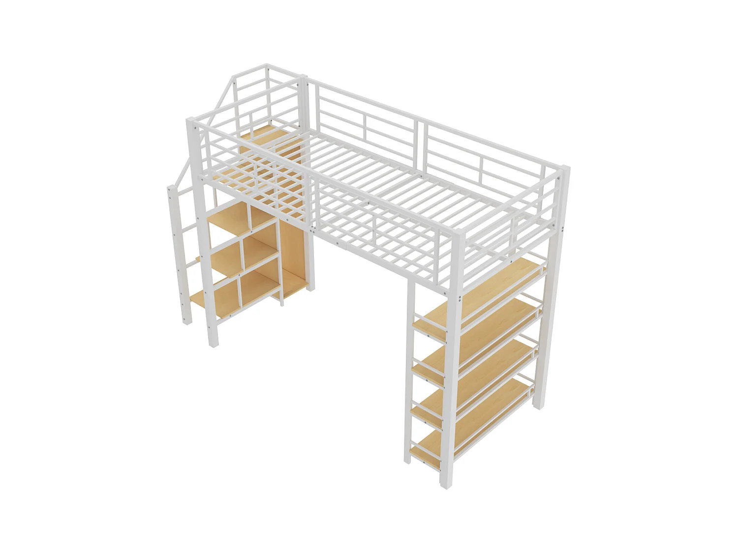 Lit mezzanine 90x200cm, lit enfant avec échelles et étagères de rangement et petite penderie, design haute clôture, blanc