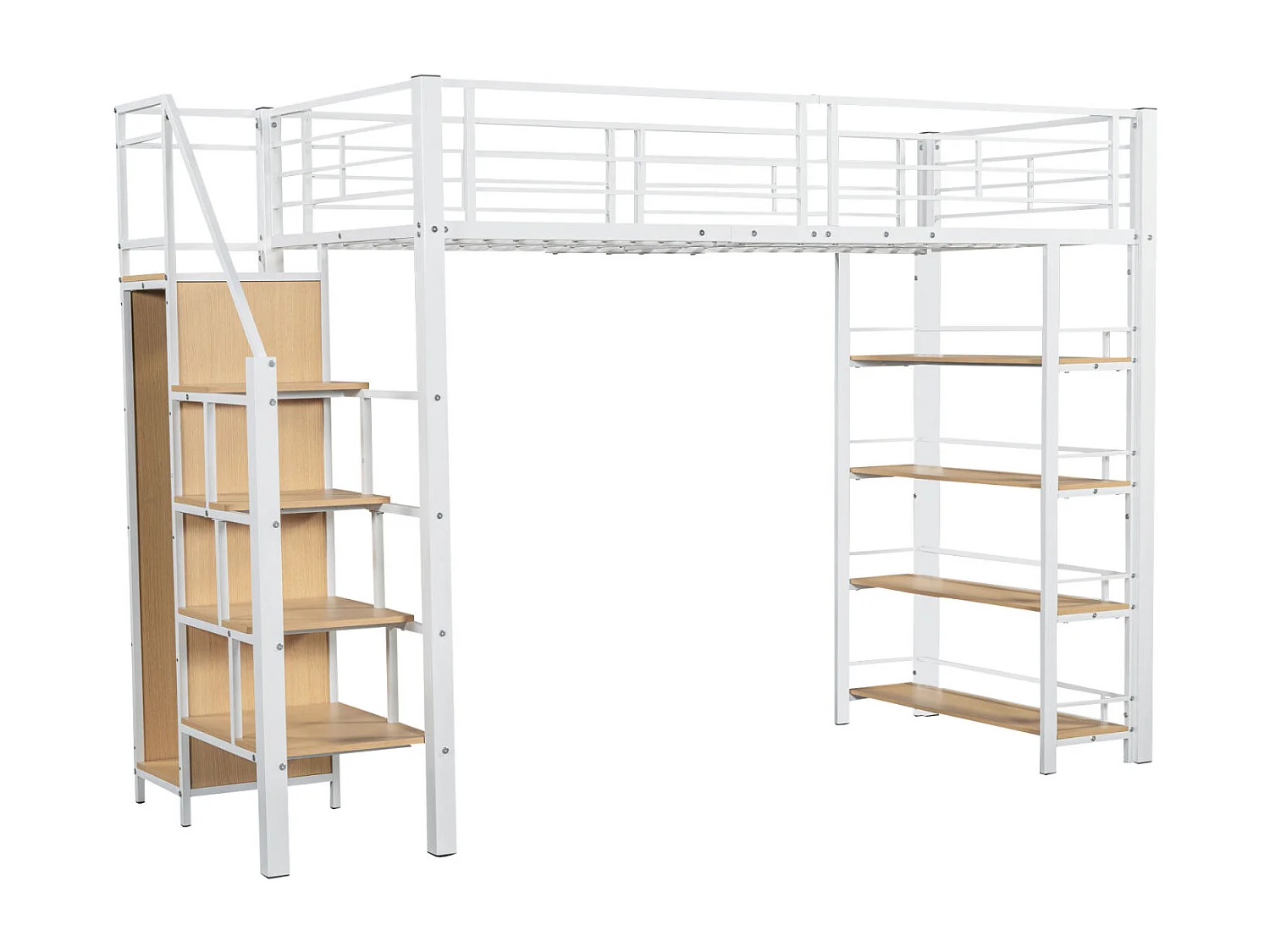 Cama alta 90x200cm, cama infantil com escadas e prateleiras de arrumação e pequeno guarda-roupa, design de cerca alta, branco