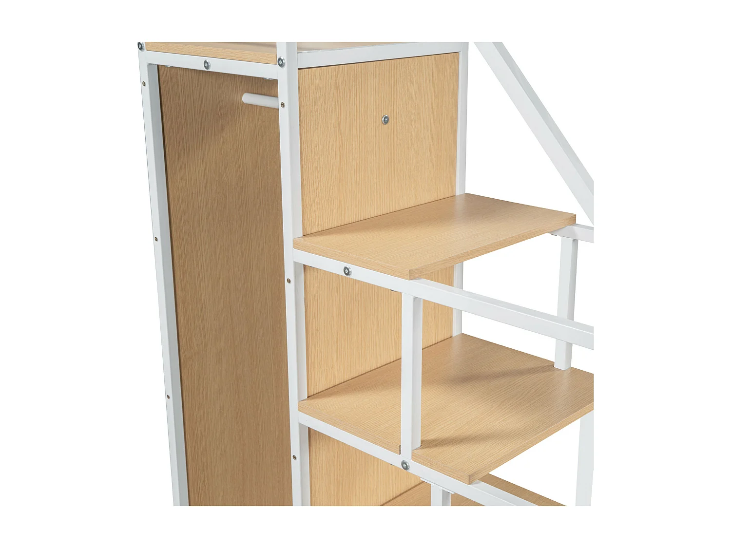 Cama alta 90x200cm, cama infantil com escadas e prateleiras de arrumação e pequeno guarda-roupa, design de cerca alta, branco