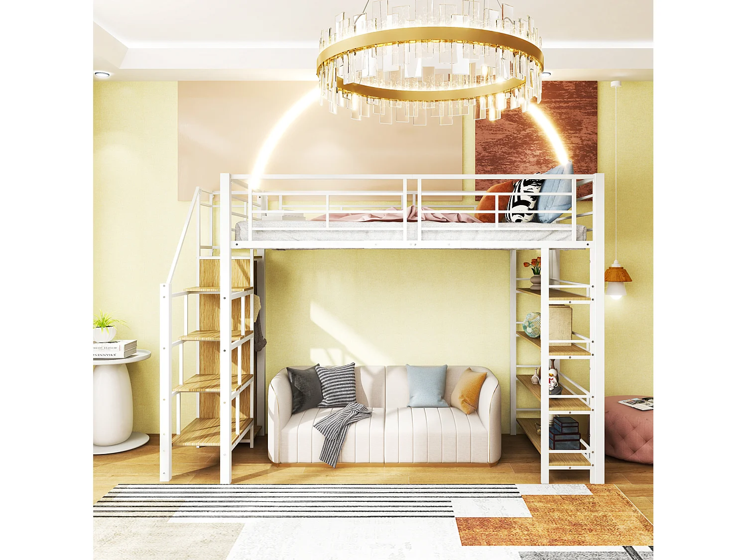 Lit mezzanine 90x200cm, lit enfant avec échelles et étagères de rangement et petite penderie, design haute clôture, blanc