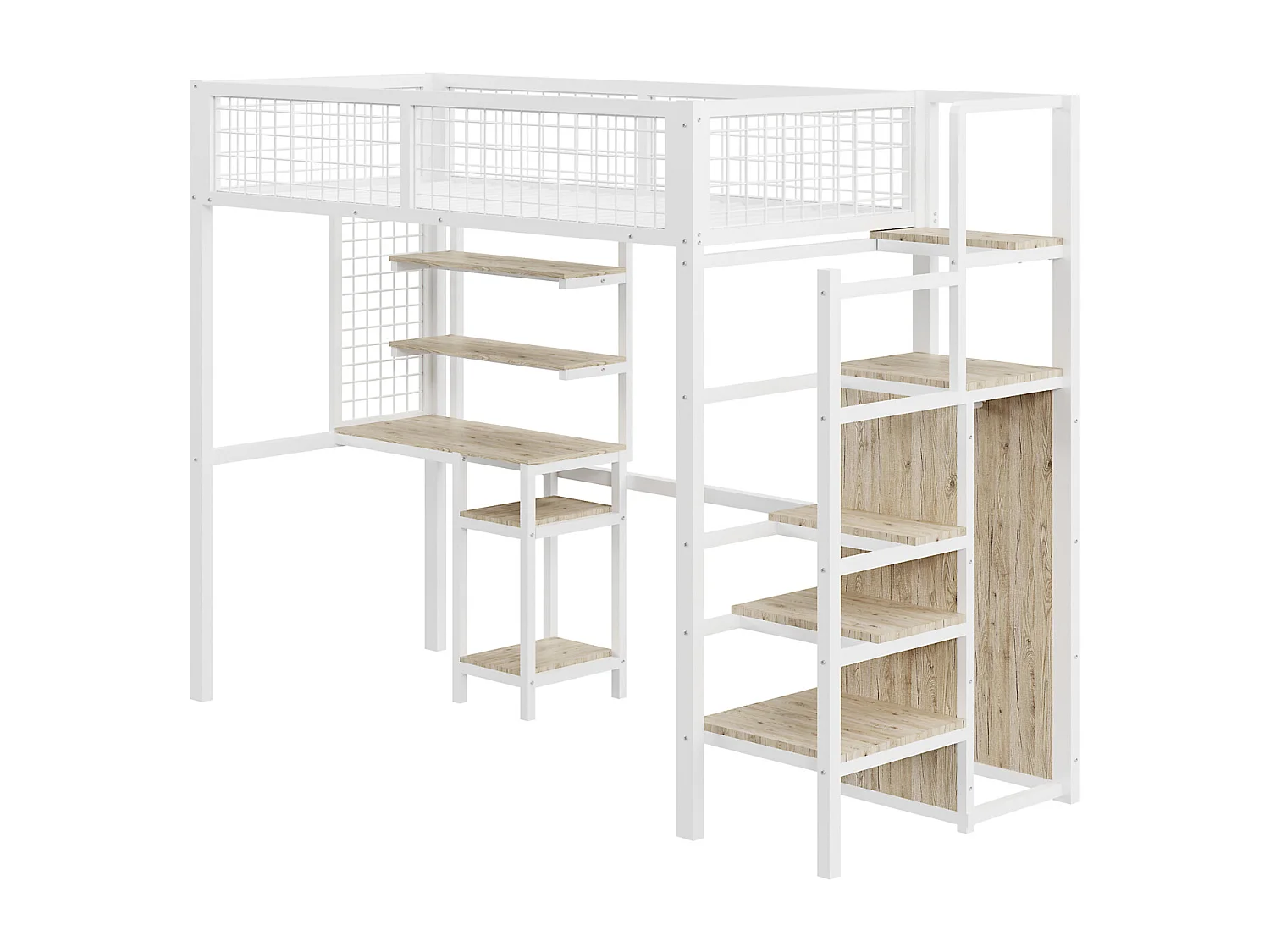 Cama alta 90x200cm, cama de ferro para criança, com escada de segurança, mesa de computador, prateleira de arrumação, malha metálica, branca