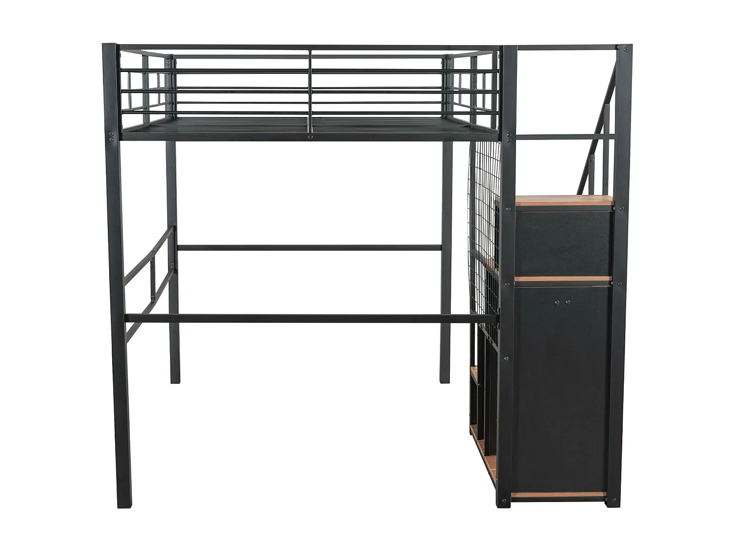 Lit mezzanine 140x200cm, lit enfant avec escalier de armoire de rangement, anti-chutes, structure en fer, noir