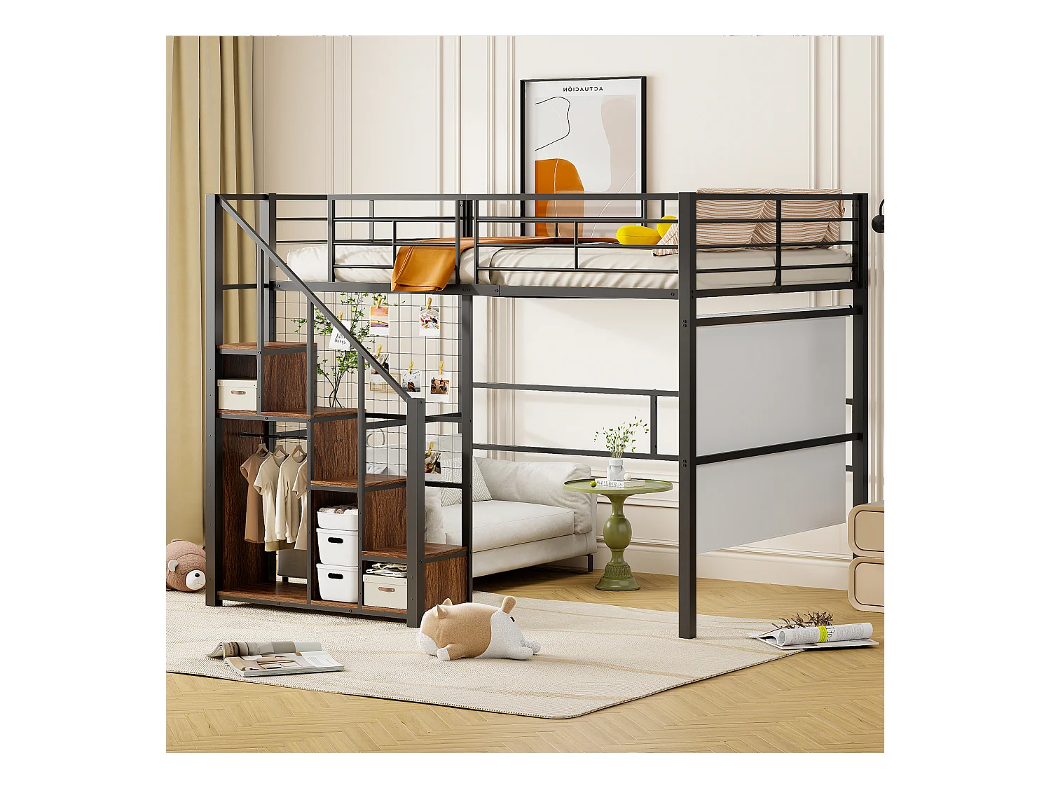 Lit mezzanine 140x200cm, lit enfant avec escalier de armoire de rangement, anti-chutes, structure en fer, noir
