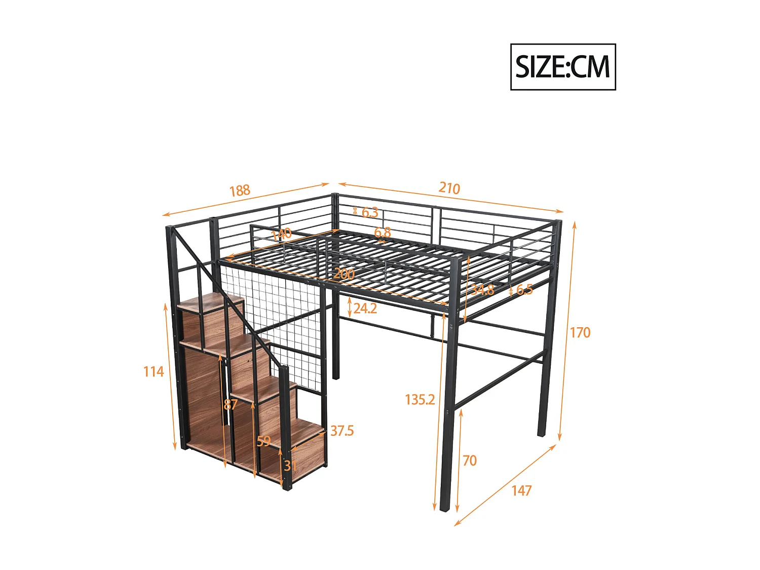 Letto a soppalco 140x200cm, letto per bambini con mobile contenitore scale, anticaduta, struttura in ferro, nero