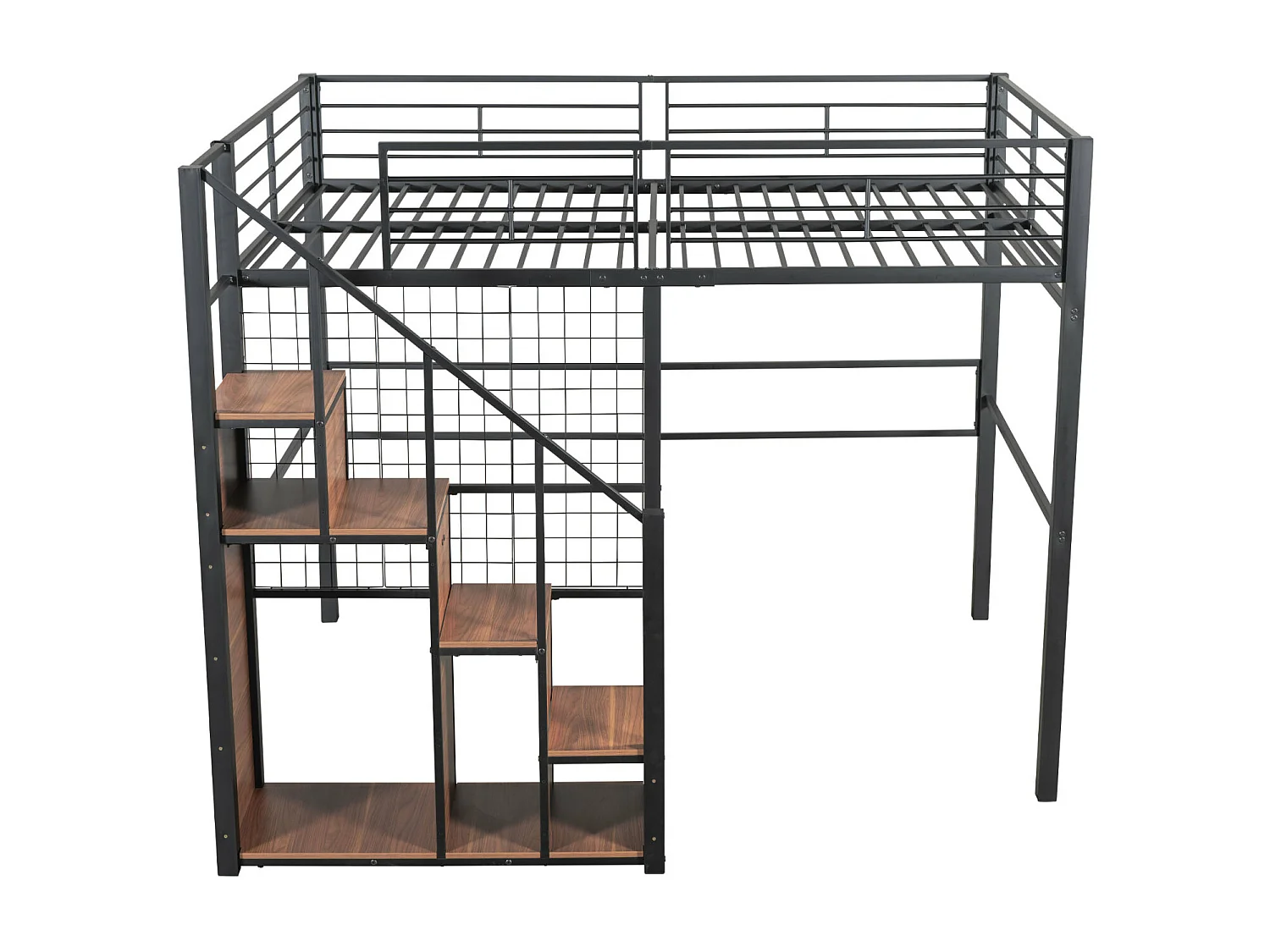 Letto a soppalco 140x200cm, letto per bambini con mobile contenitore scale, anticaduta, struttura in ferro, nero