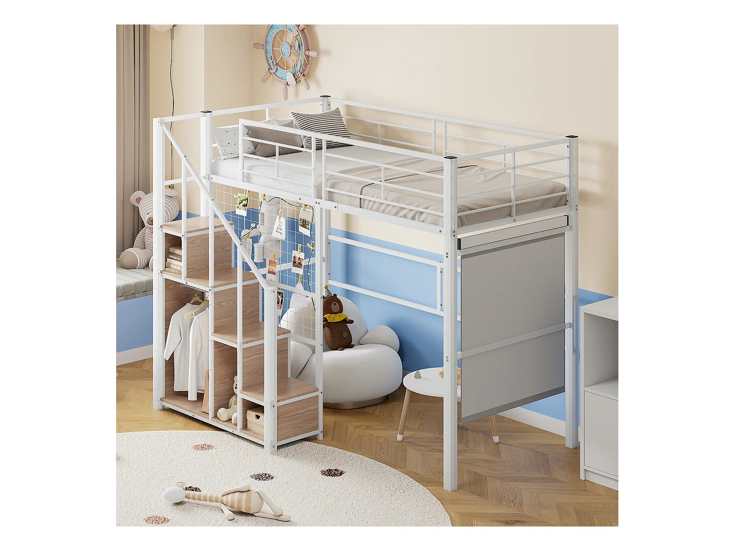 Hoogslaper 90x200cm, kinderbed met opbergkast trap, anti-val, ijzeren structuur, wit