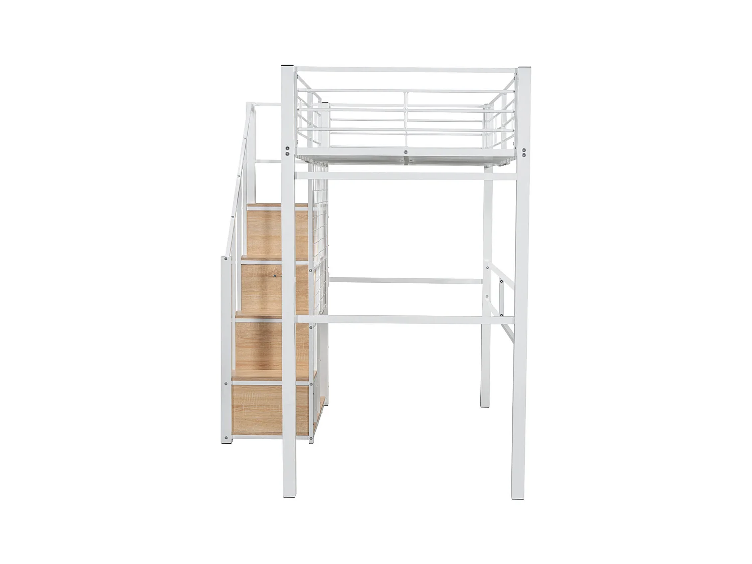 Letto a soppalco 90x200cm, letto per bambini con mobile contenitore scale, anticaduta, struttura in ferro, bianco