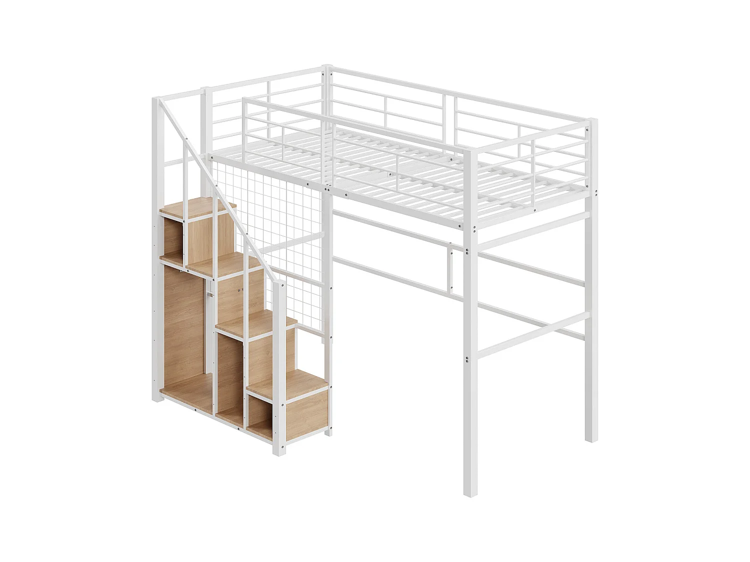Letto a soppalco 90x200cm, letto per bambini con mobile contenitore scale, anticaduta, struttura in ferro, bianco