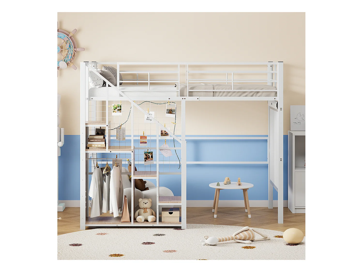 Letto a soppalco 90x200cm, letto per bambini con mobile contenitore scale, anticaduta, struttura in ferro, bianco
