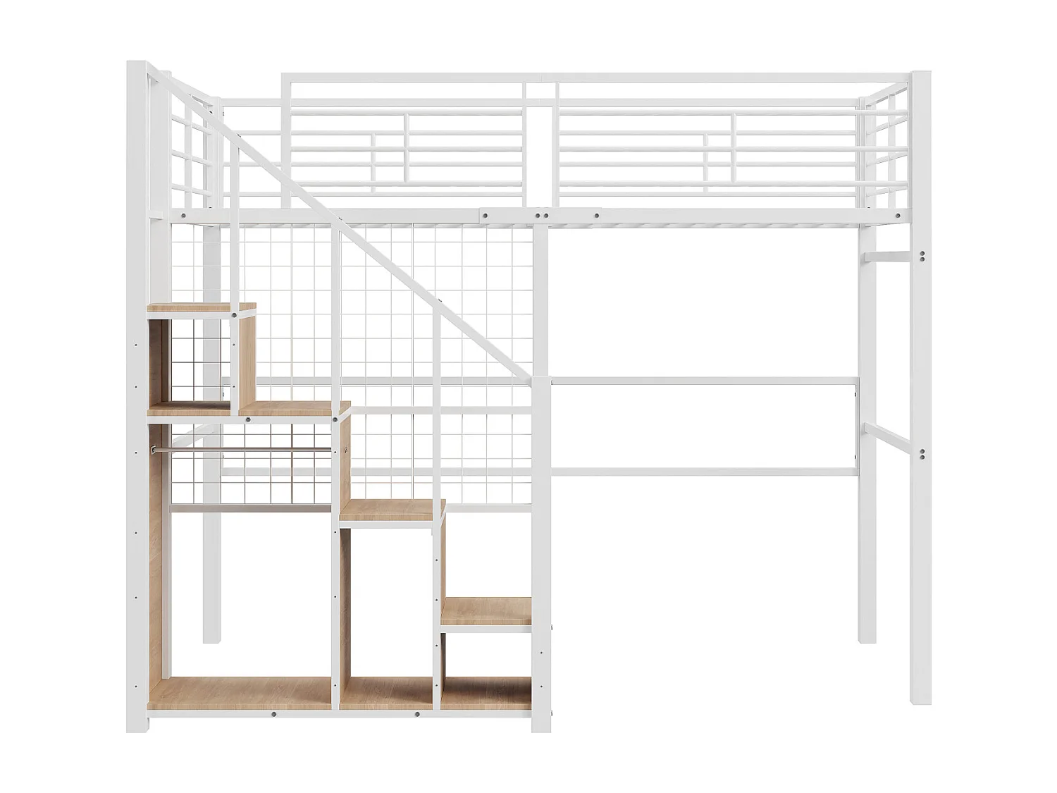 Hoogslaper 90x200cm, kinderbed met opbergkast trap, anti-val, ijzeren structuur, wit