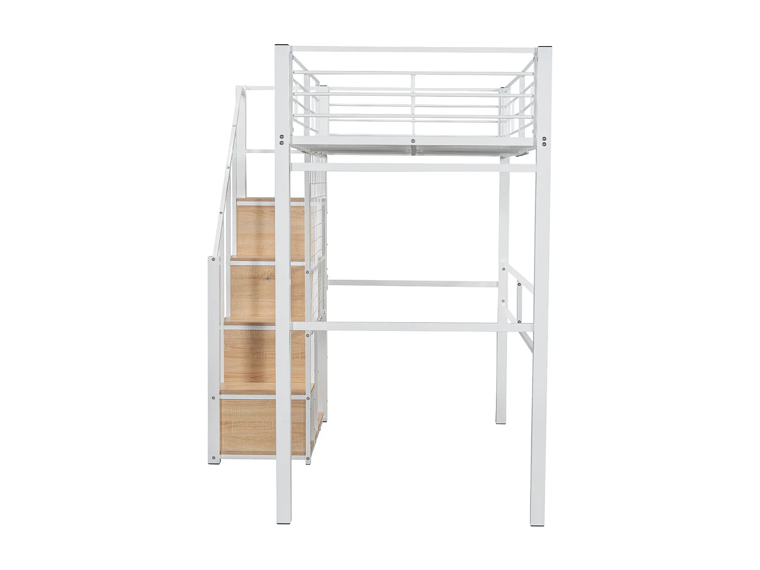 Hoogslaper 90x200cm, kinderbed met opbergkast trap, anti-val, ijzeren structuur, wit