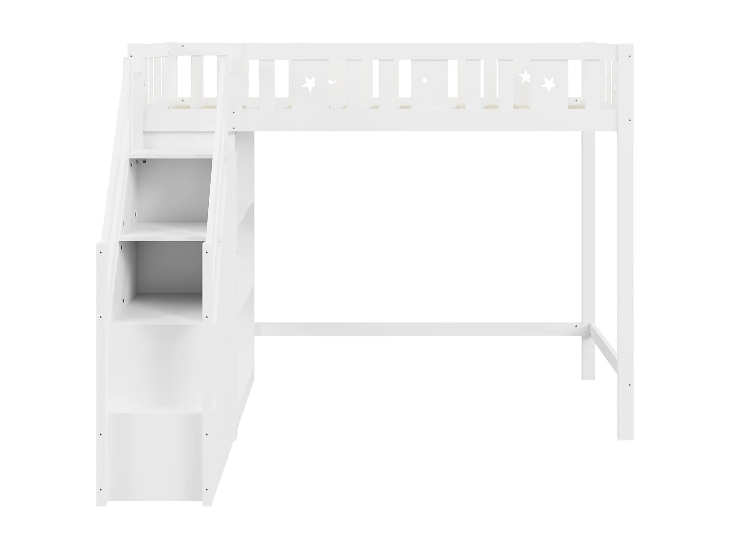Hoogslaper 90x200 cm, kinderbed met ladder en opbergplanken, valbeveiliging, massief houten structuur, wit