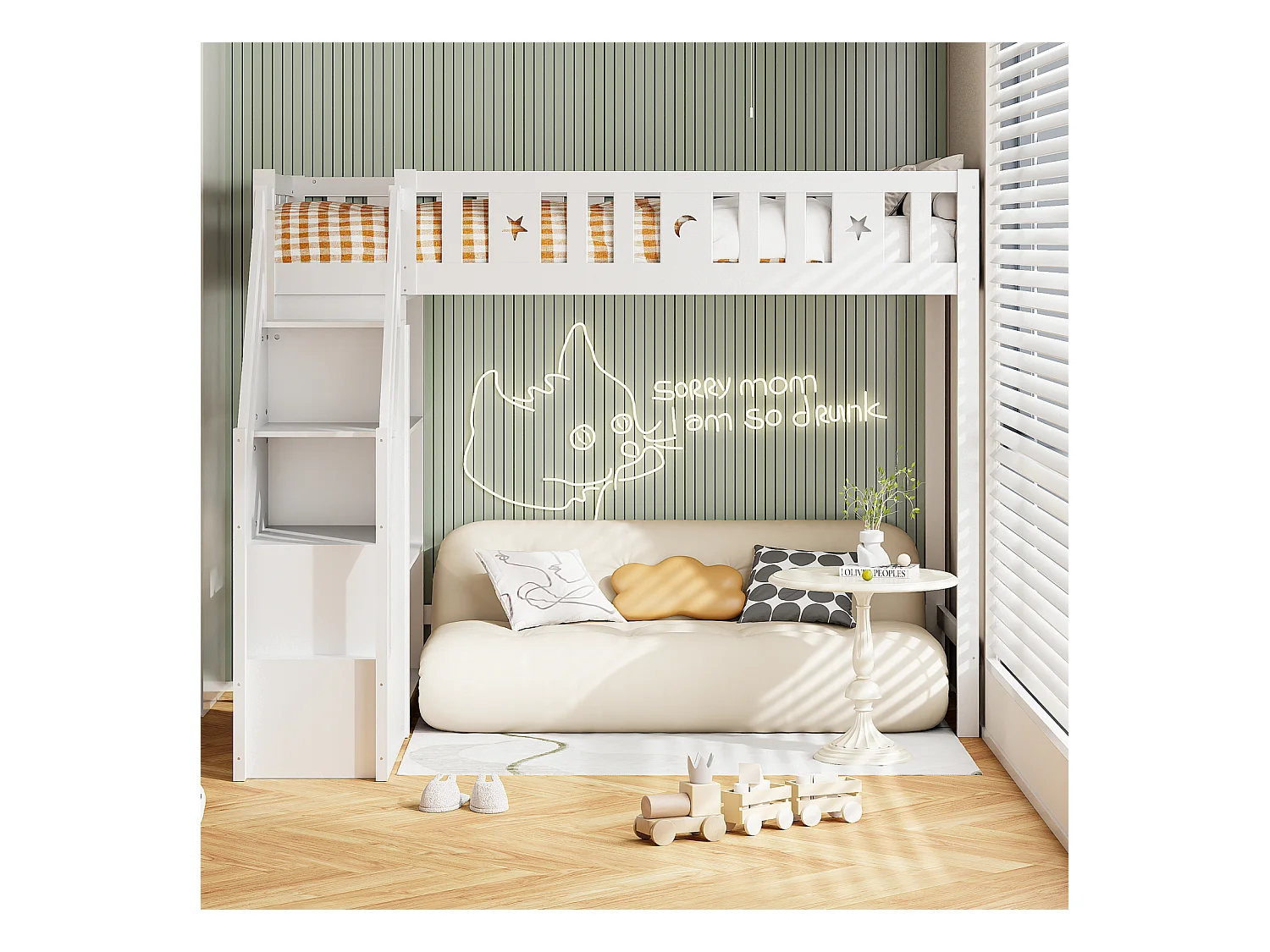 Lit mezzanine 90x200 cm, lit enfant avec avec échelle et étagères de rangement, antichute, structure en bois massif, blanc