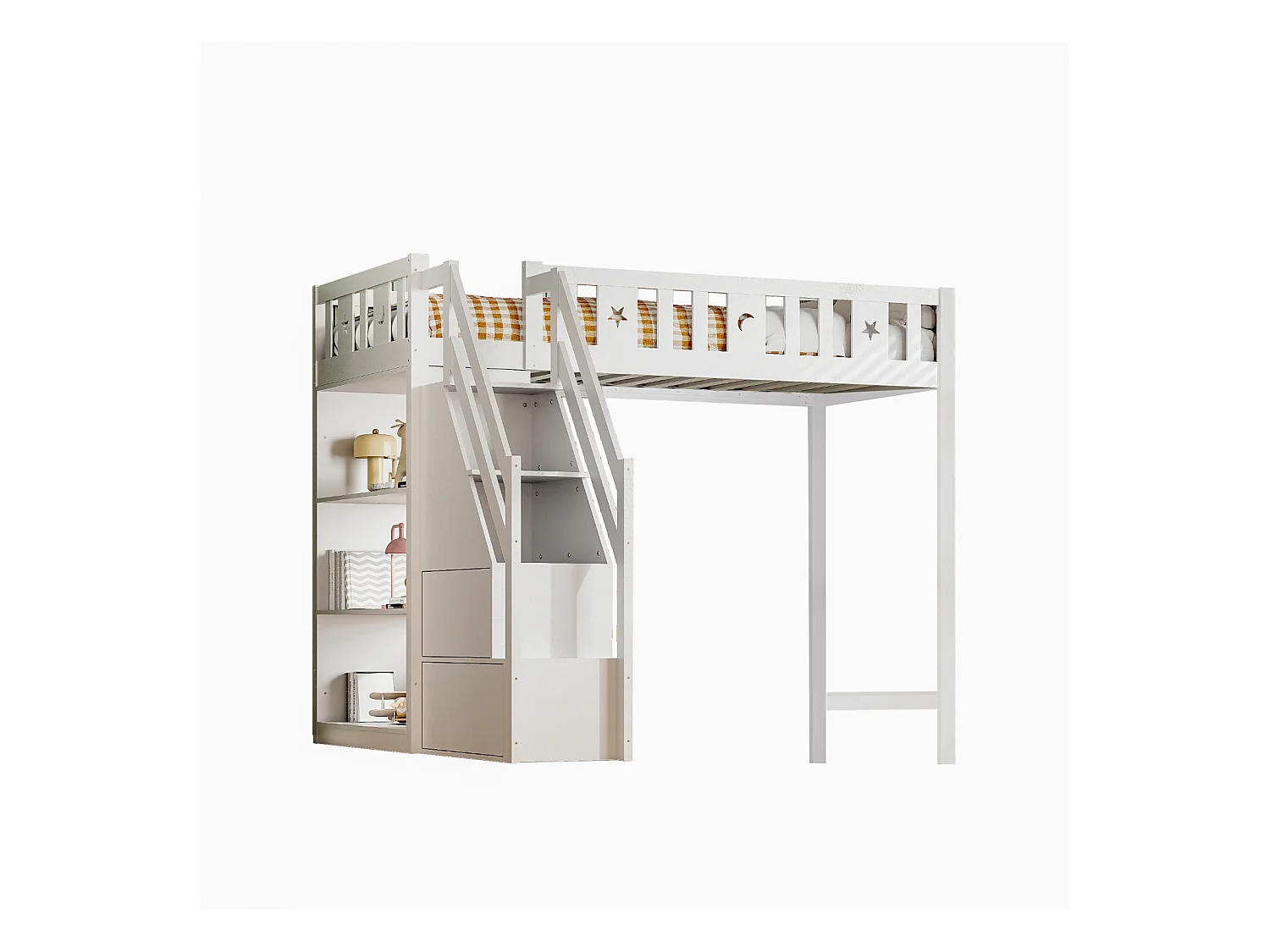 Lit mezzanine 90x200 cm, lit enfant avec avec échelle et étagères de rangement, antichute, structure en bois massif, blanc
