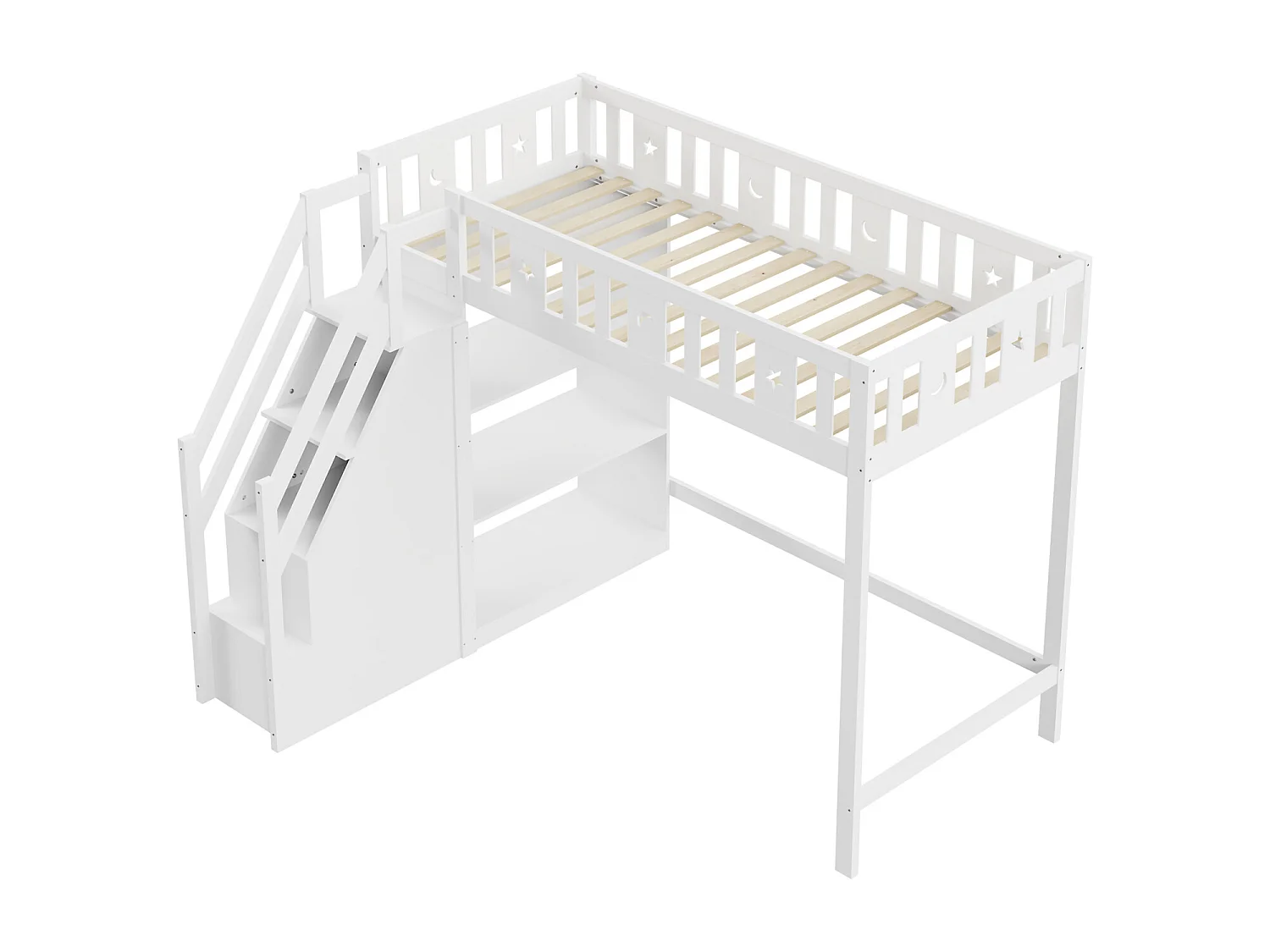 Lit mezzanine 90x200 cm, lit enfant avec avec échelle et étagères de rangement, antichute, structure en bois massif, blanc