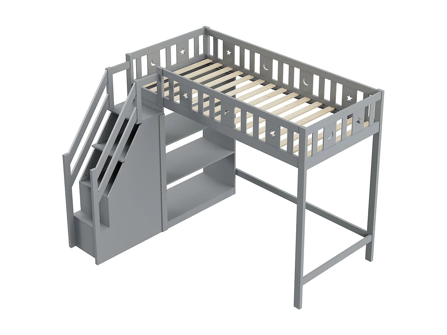 Cama alta 90x200 cm, cama de criança com escada e prateleiras de arrumação, proteção contra quedas, estrutura em madeira maciça, cinzento