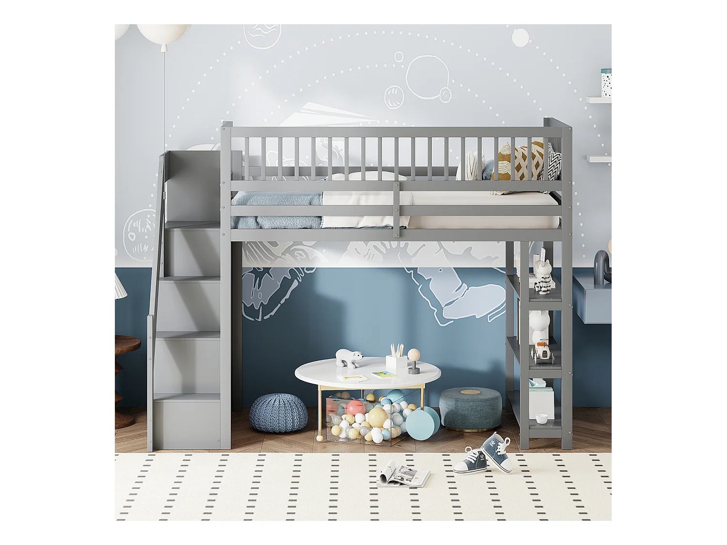 Lit mezzanine 90x200cm, lit endant avec penderie, étagères et rangements avec étagères et rangements, haut grille antichute, gris
