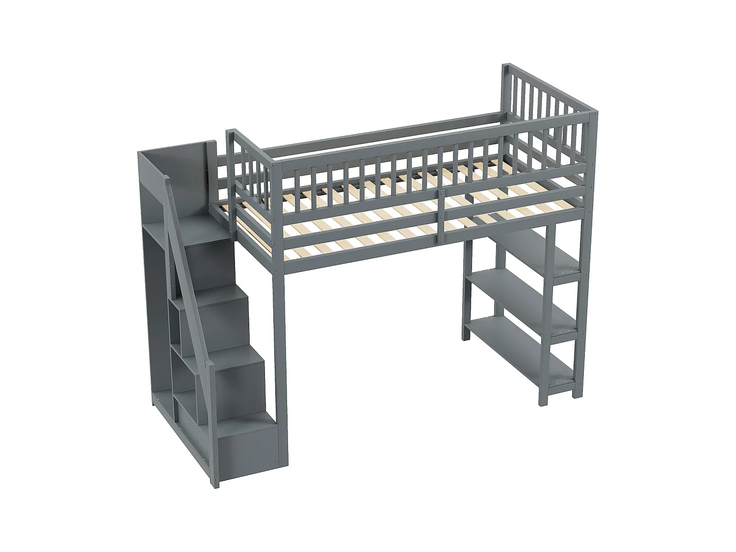 Lit mezzanine 90x200cm, lit endant avec penderie, étagères et rangements avec étagères et rangements, haut grille antichute, gris
