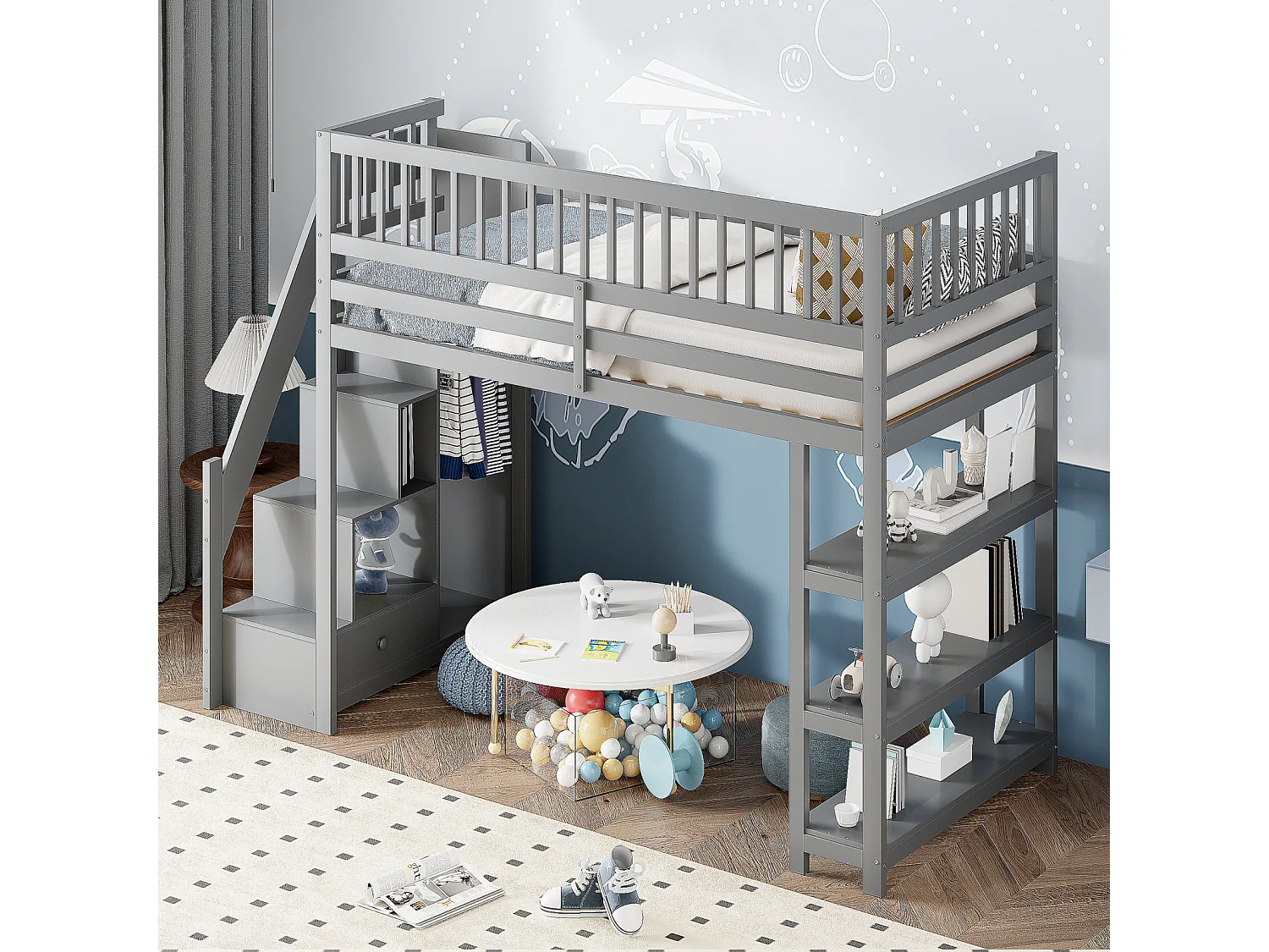 Lit mezzanine 90x200cm, lit endant avec penderie, étagères et rangements avec étagères et rangements, haut grille antichute, gris