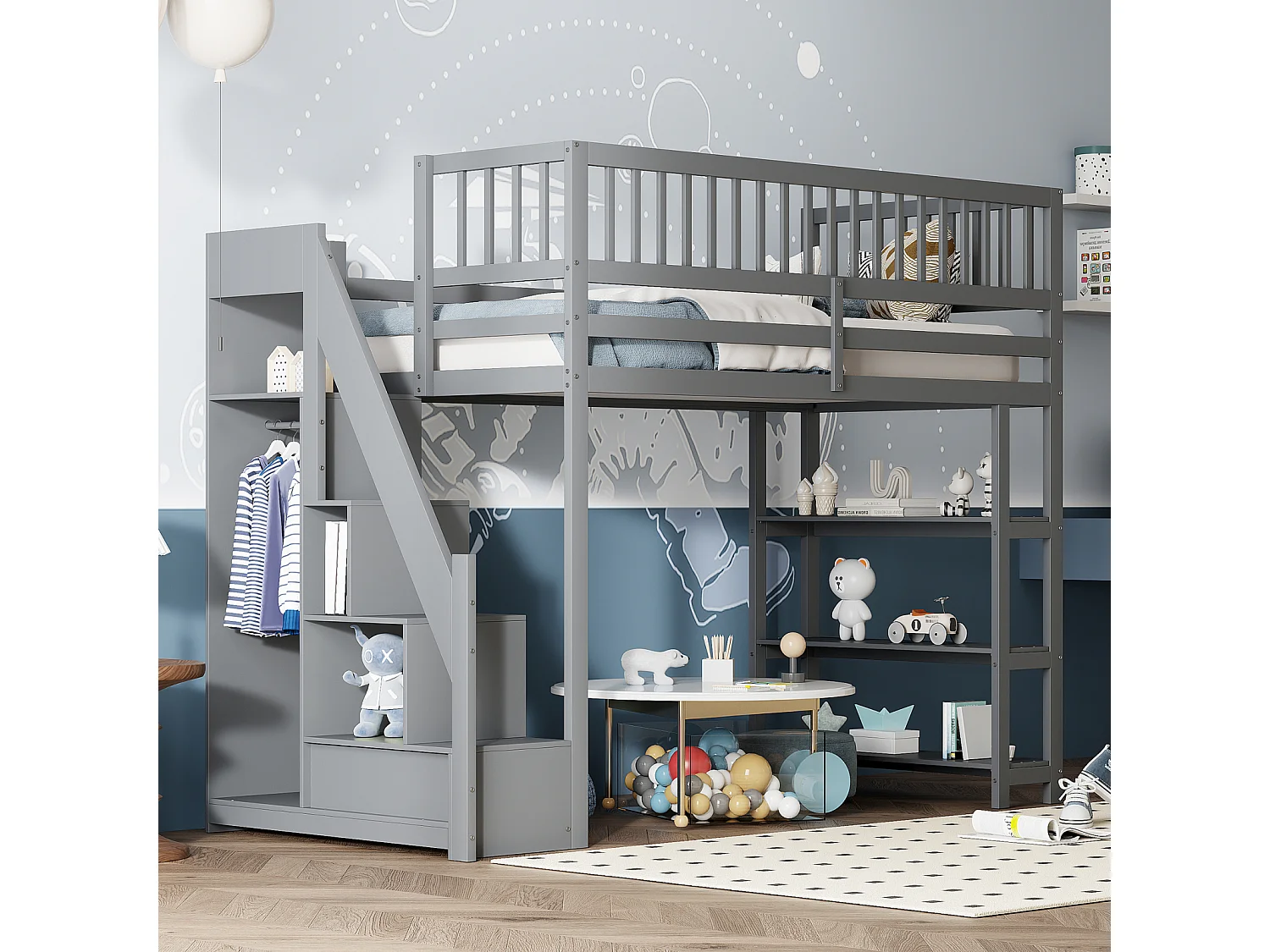 Lit mezzanine 90x200cm, lit endant avec penderie, étagères et rangements avec étagères et rangements, haut grille antichute, gris