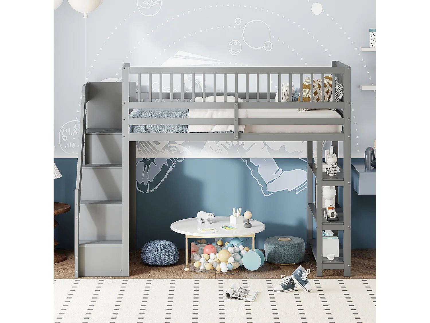 Lit mezzanine 90x200cm, lit endant avec penderie, étagères et rangements avec étagères et rangements, haut grille antichute, gris