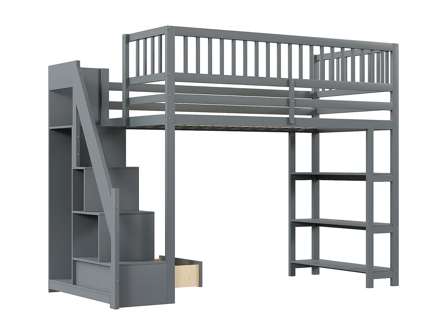 Lit mezzanine 90x200cm, lit endant avec penderie, étagères et rangements avec étagères et rangements, haut grille antichute, gris