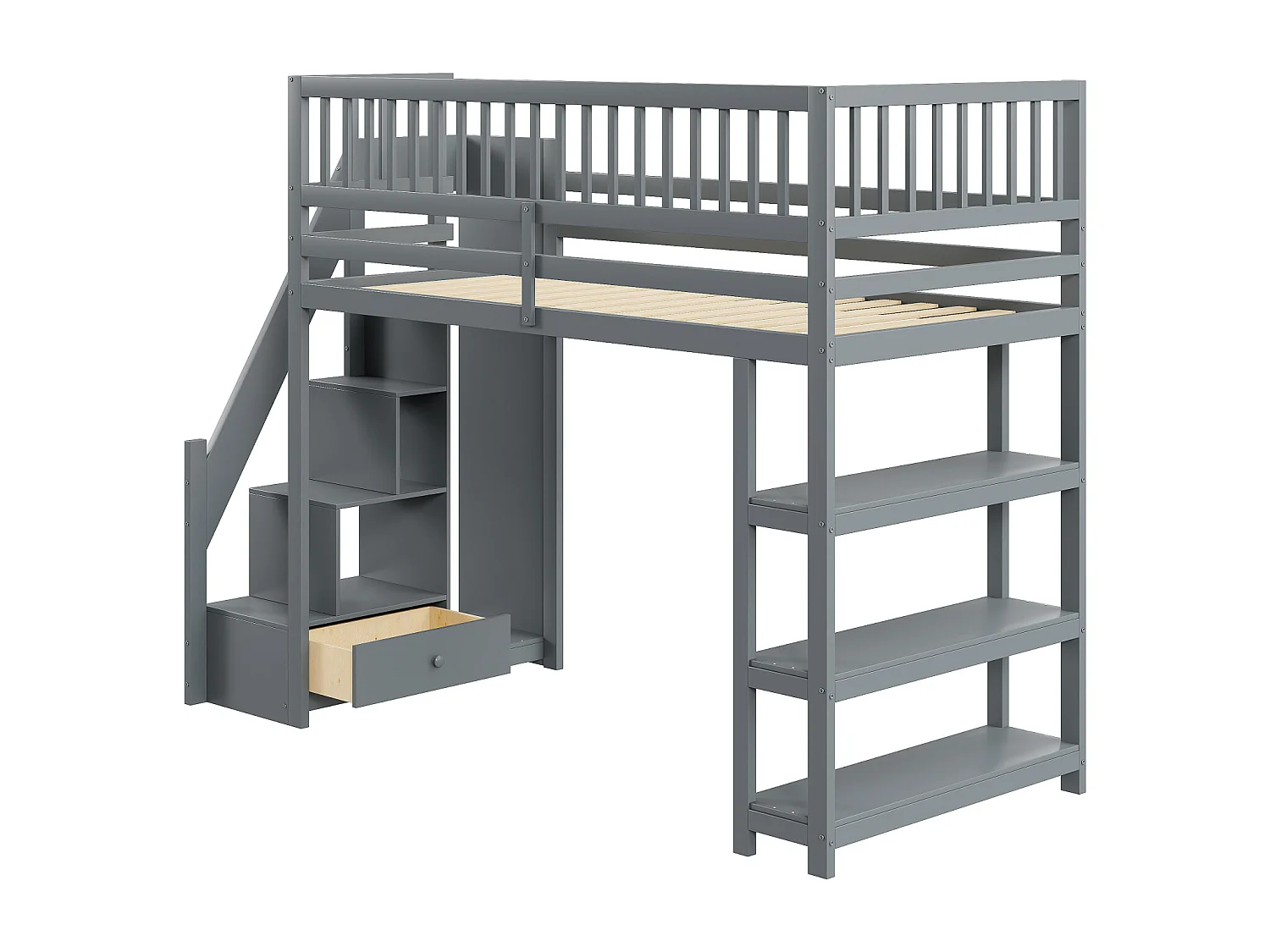 Lit mezzanine 90x200cm, lit endant avec penderie, étagères et rangements avec étagères et rangements, haut grille antichute, gris