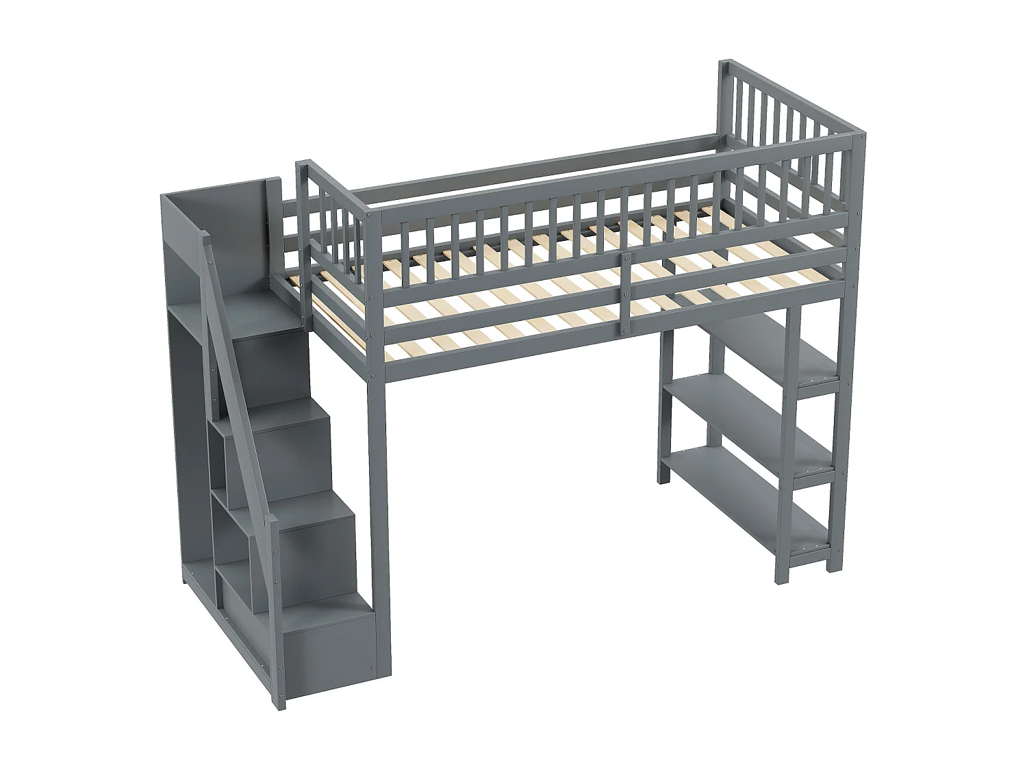 Lit mezzanine 90x200cm, lit endant avec penderie, étagères et rangements avec étagères et rangements, haut grille antichute, gris