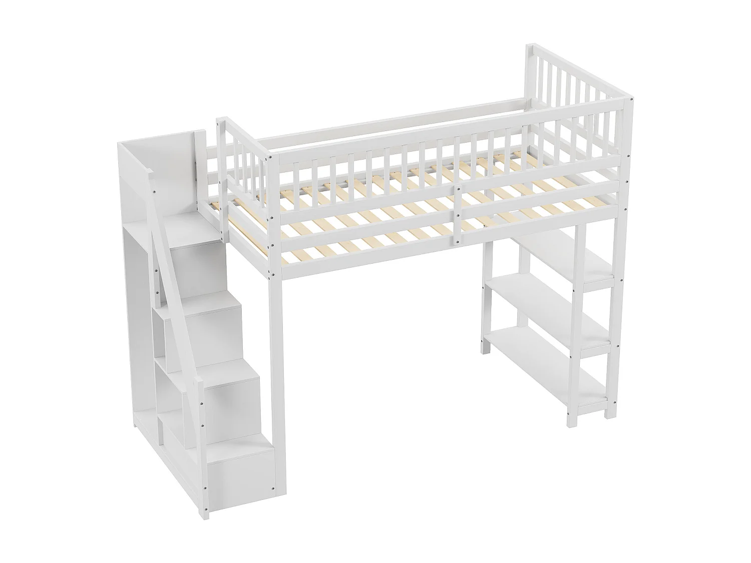 Hoogslaper 90x200cm, stapelbed met kledingkast, planken en opbergruimte met planken en opbergruimte, anti-val rooster bovenkant, wit