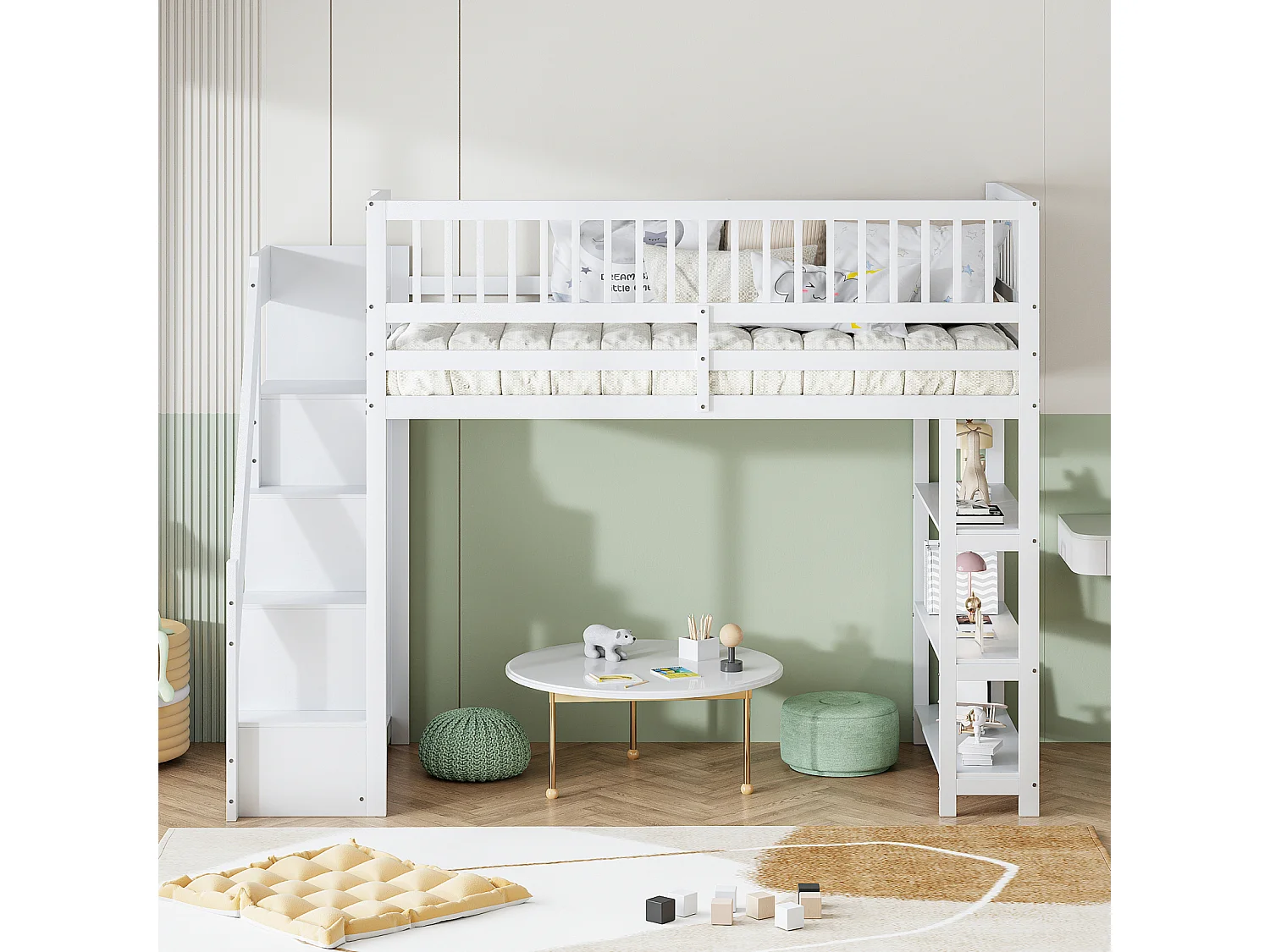 Lit mezzanine 90x200cm, lit endant avec penderie, étagères et rangements avec étagères et rangements, haut grille antichute, blanc