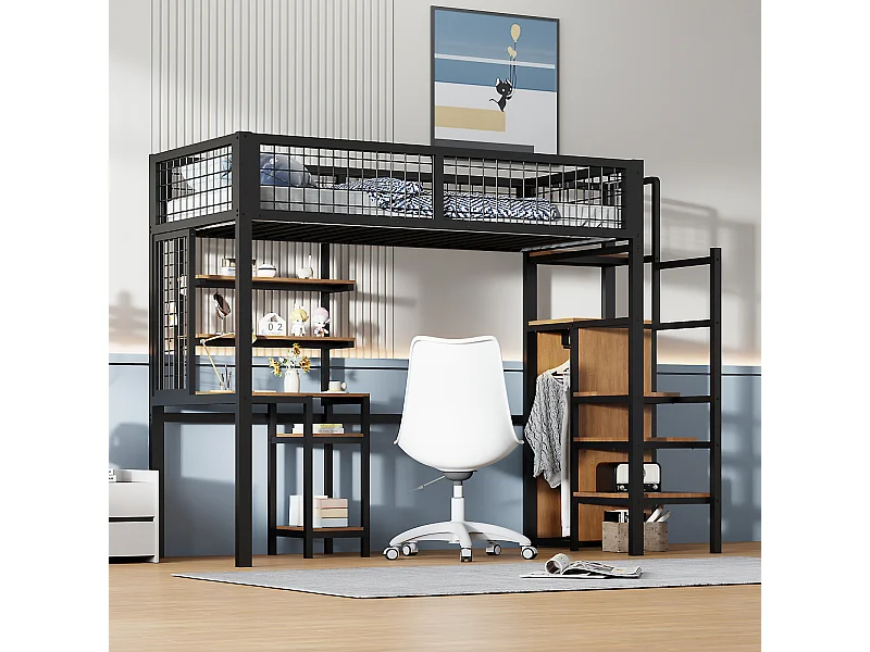 Cama alta 90x200cm, cama infantil de hierro, con escalera de seguridad, mesa de ordenador, estante de almacenamiento, malla metálica, color negro