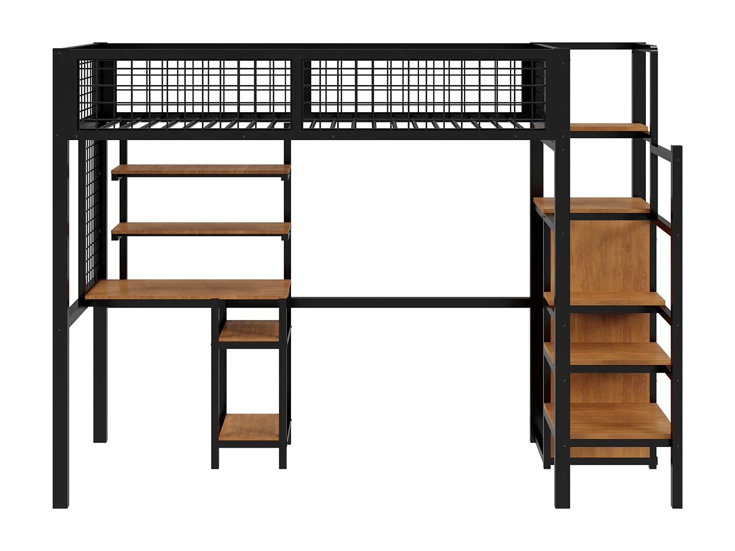 Cama alta 90x200cm, cama infantil de hierro, con escalera de seguridad, mesa de ordenador, estante de almacenamiento, malla metálica, color negro