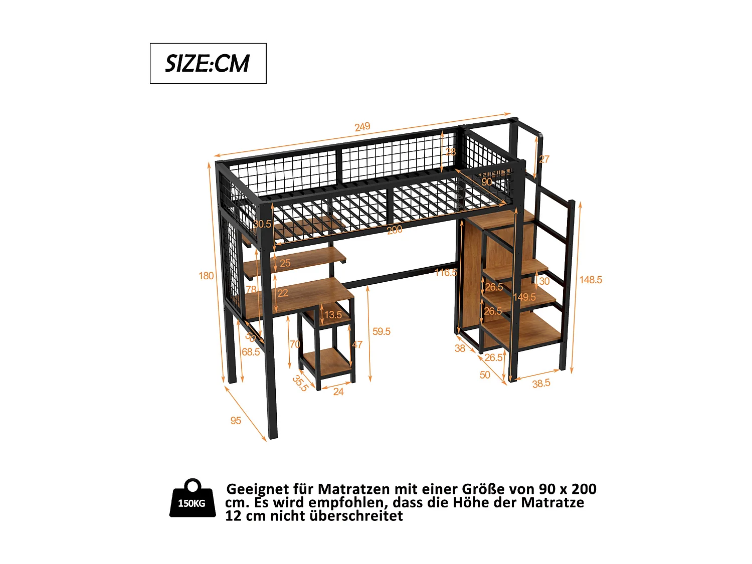Letto a soppalco 90x200cm, letto in ferro per bambini, con scaletta di sicurezza, tavolo per computer, ripiano portaoggetti, rete metallica, nero