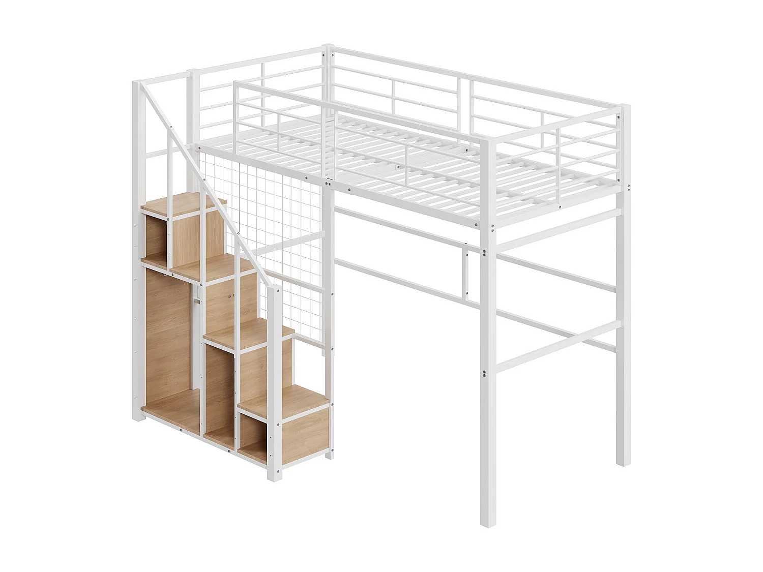 Lit mezzanine 140x200cm, lit enfant avec escalier de armoire de rangement, anti-chutes, structure en fer, blanc