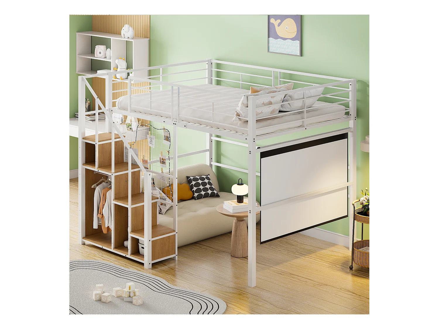 Lit mezzanine 140x200cm, lit enfant avec escalier de armoire de rangement, anti-chutes, structure en fer, blanc