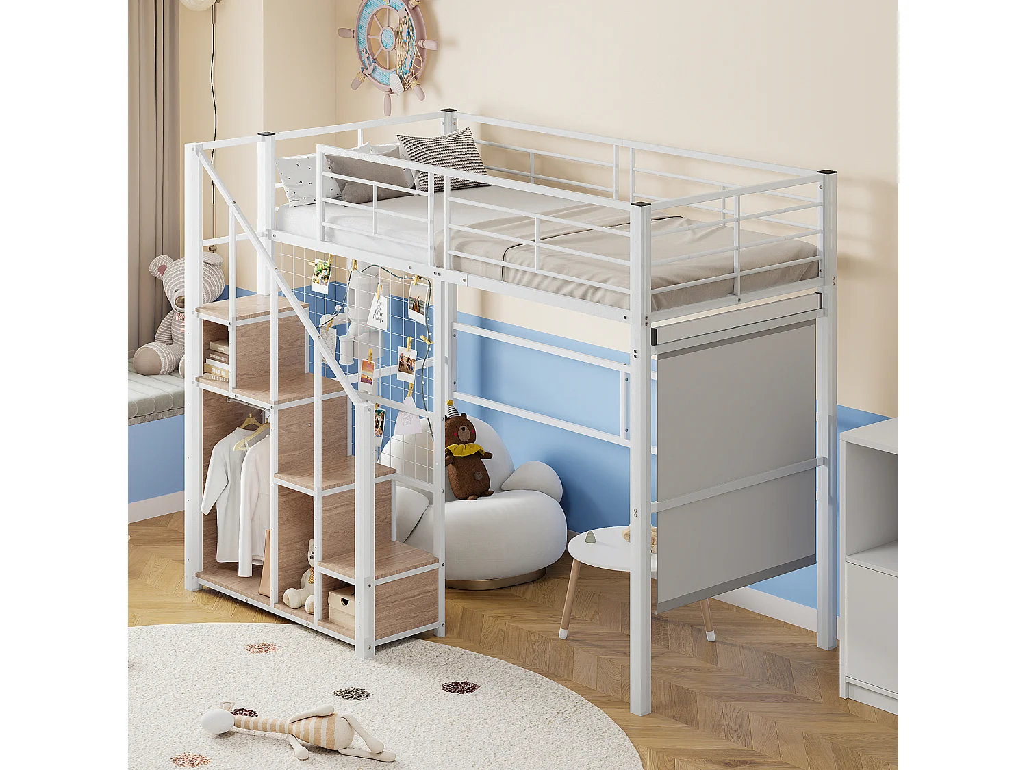 Lit mezzanine 140x200cm, lit enfant avec escalier de armoire de rangement, anti-chutes, structure en fer, blanc