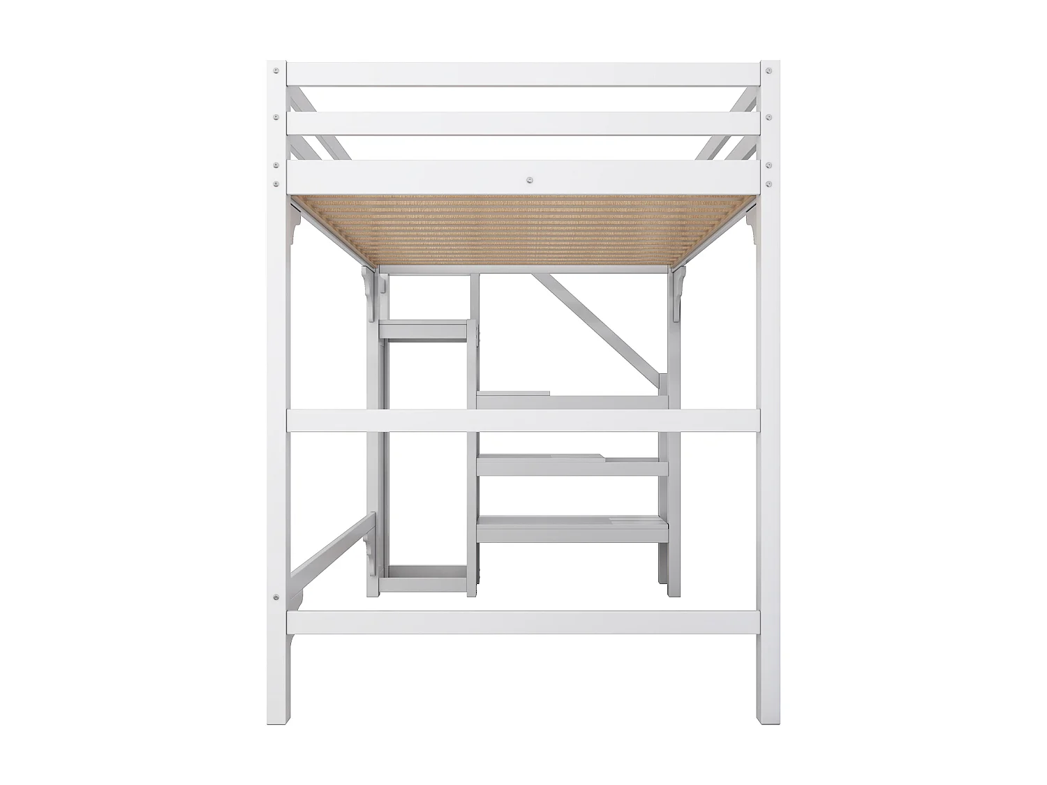 Cama alta 140x200cm, cama infantil con somier, escalera con armario de almacenaje, anticaída, color blanco